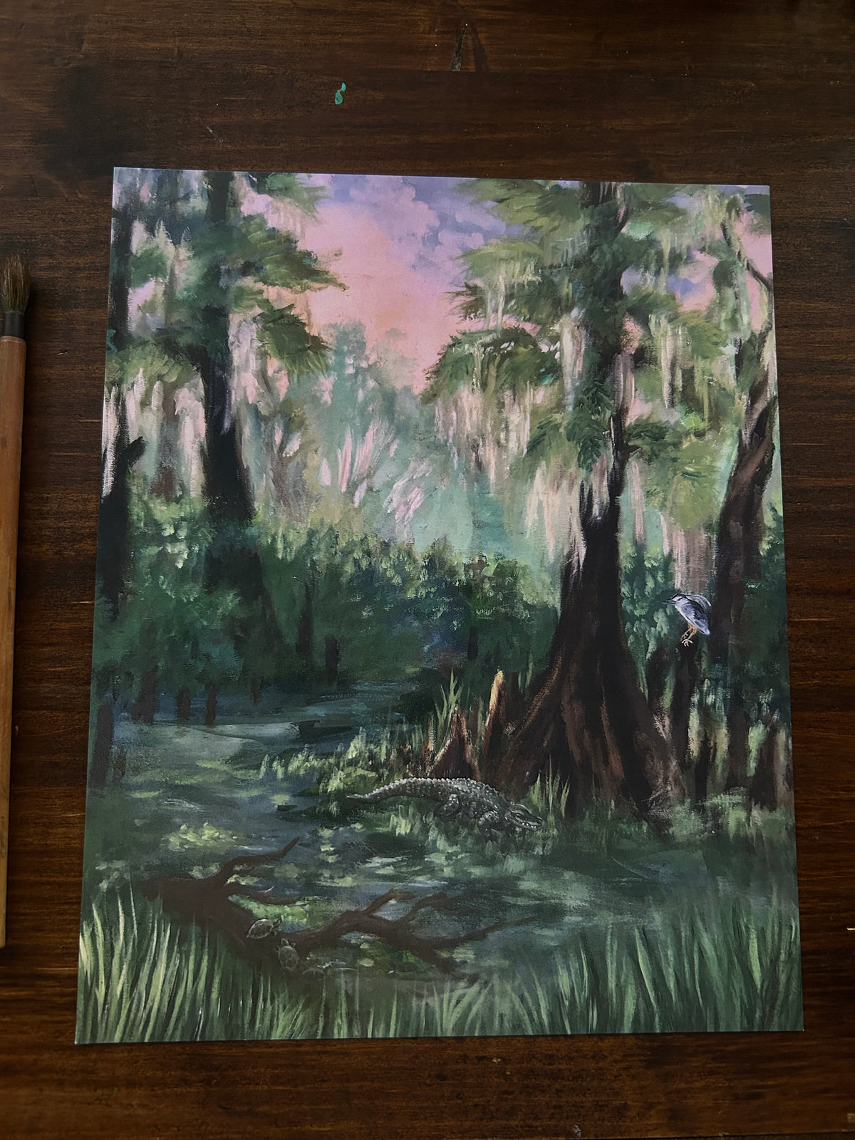 Art print- Twilight in the swamp with alligator, night heron, turtle Lowcountry painting- 8x10