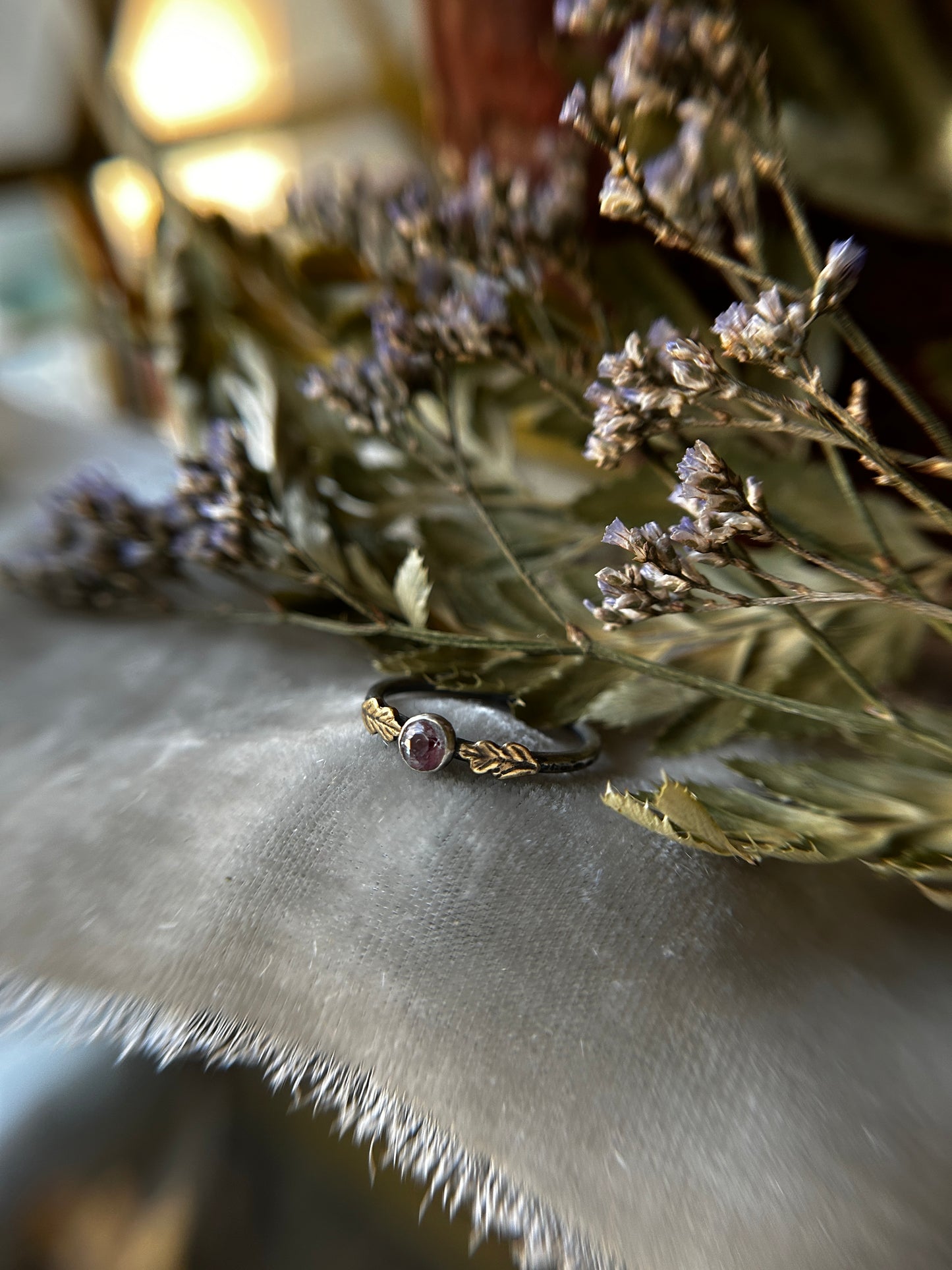 Woodland leaf stackable ring- choice of gemstone, leaves, and ring size sterling silver with choice of brass or copper made to order jewelry