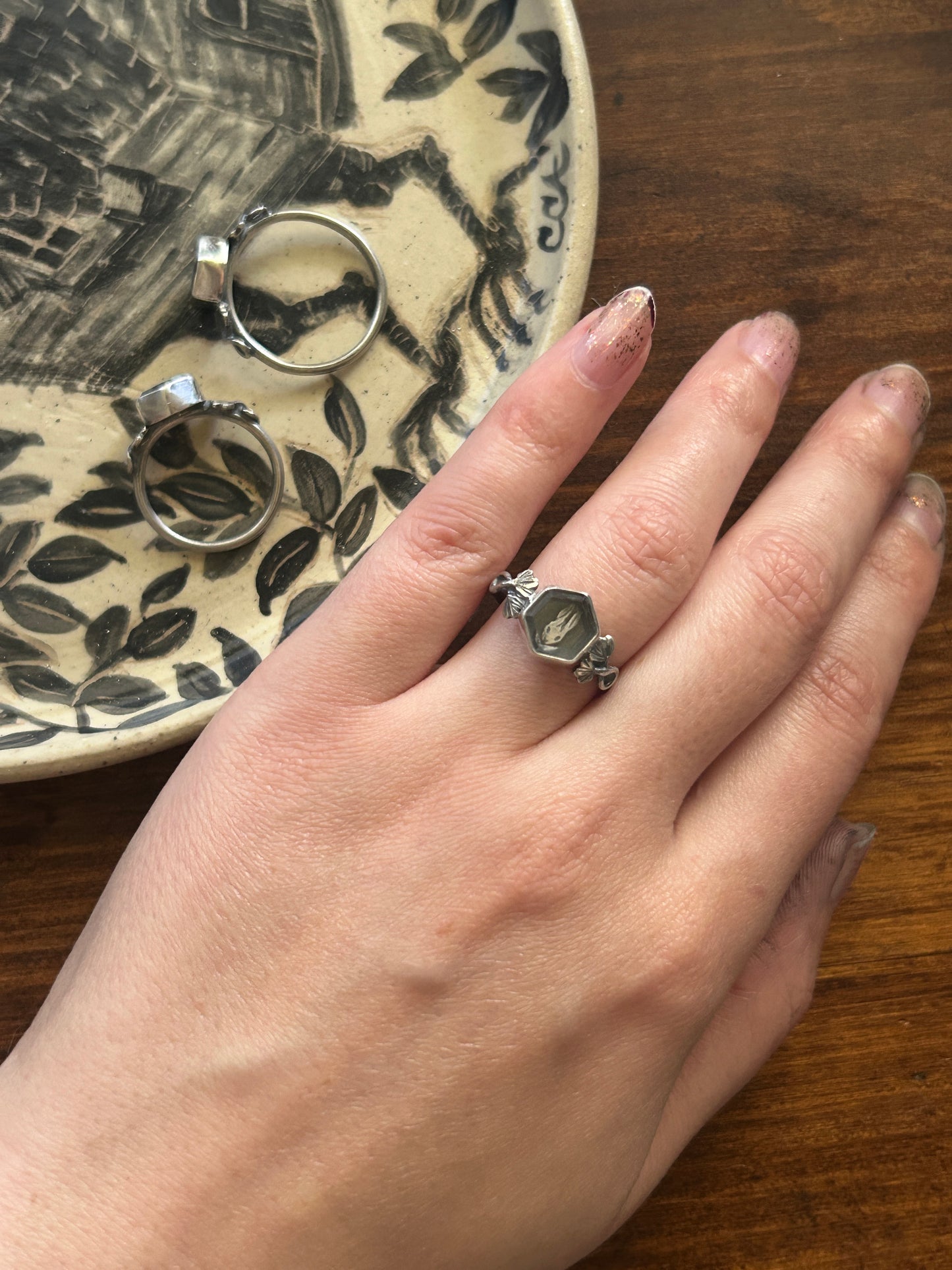 Rabbit in the Ivy Garden ring- sterling silver finished to ring size