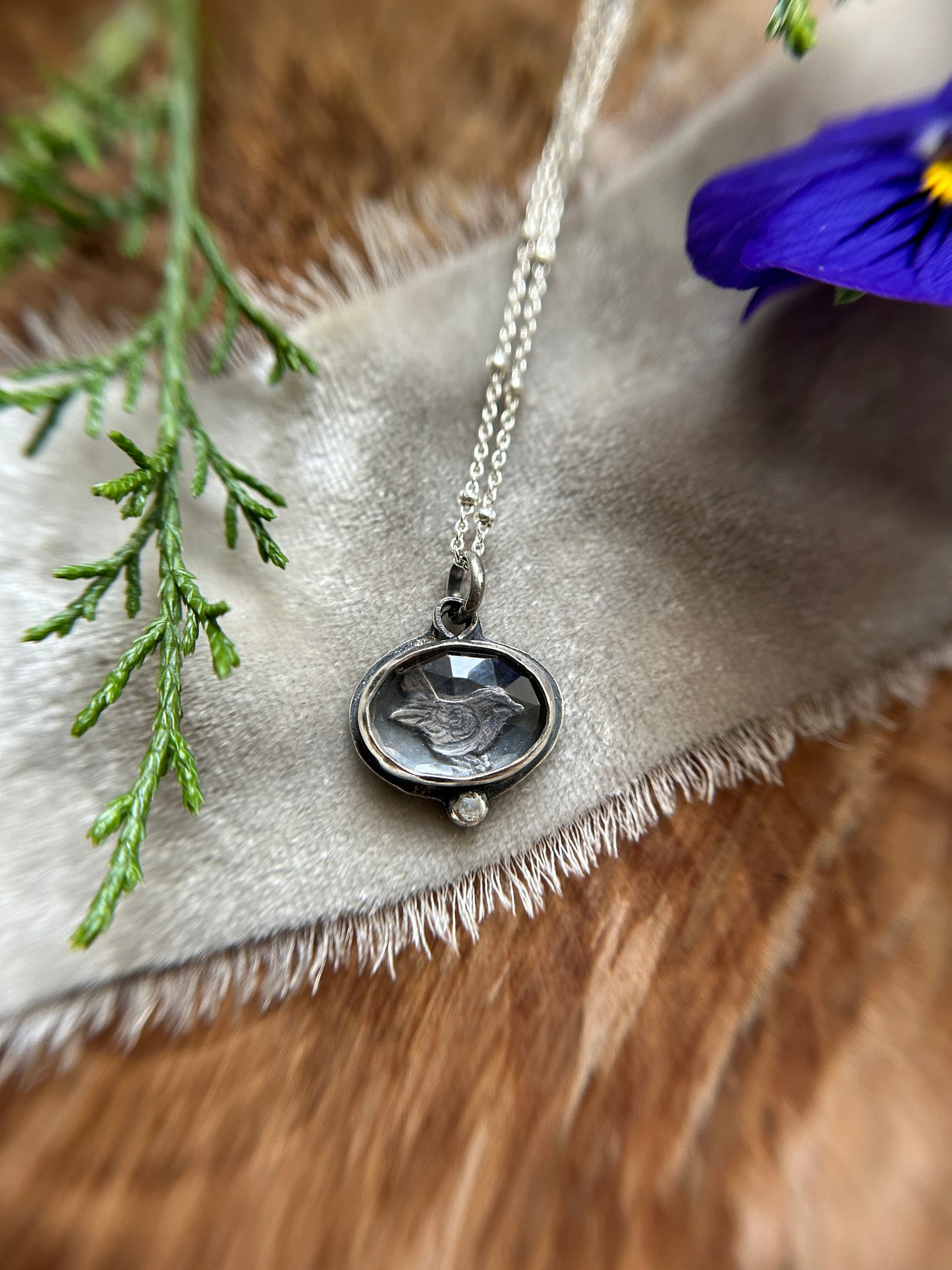 Woodland Wren Bird- quartz crystal and sterling silver necklace