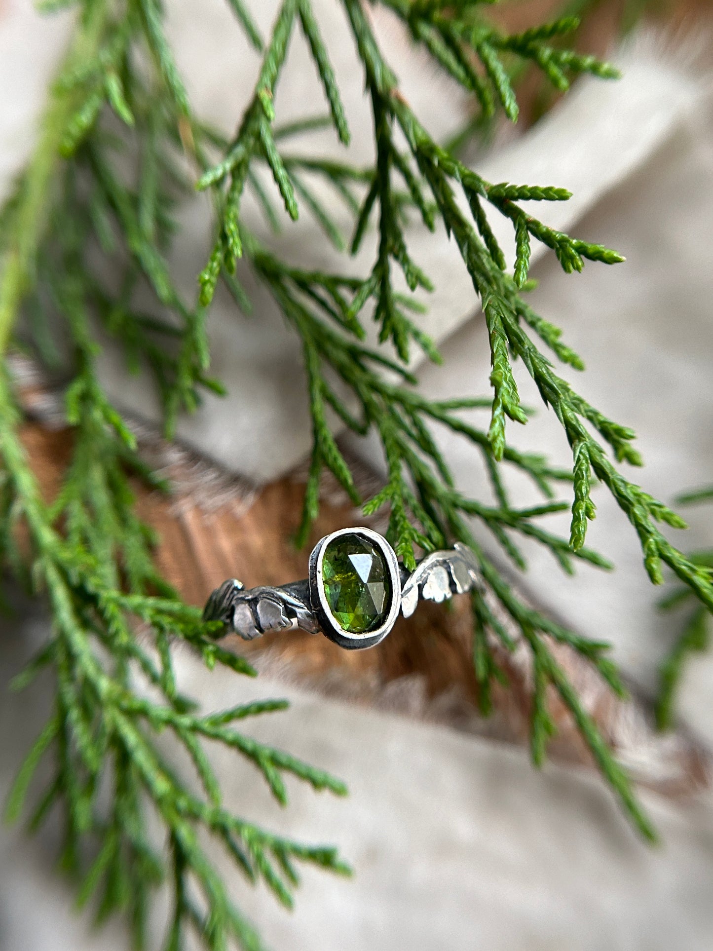 Ready to ship Lily of the valley ring- choice of green tourmaline or rhodolite garnet- sterling silver