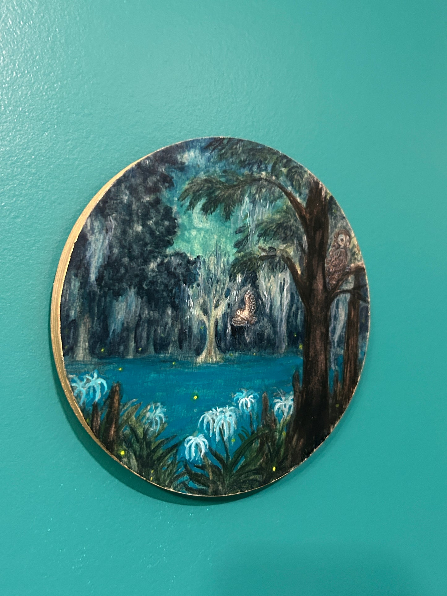 Night Ghosts of the Swamp- original round watercolor painting on wood nature owls and swamp lilies