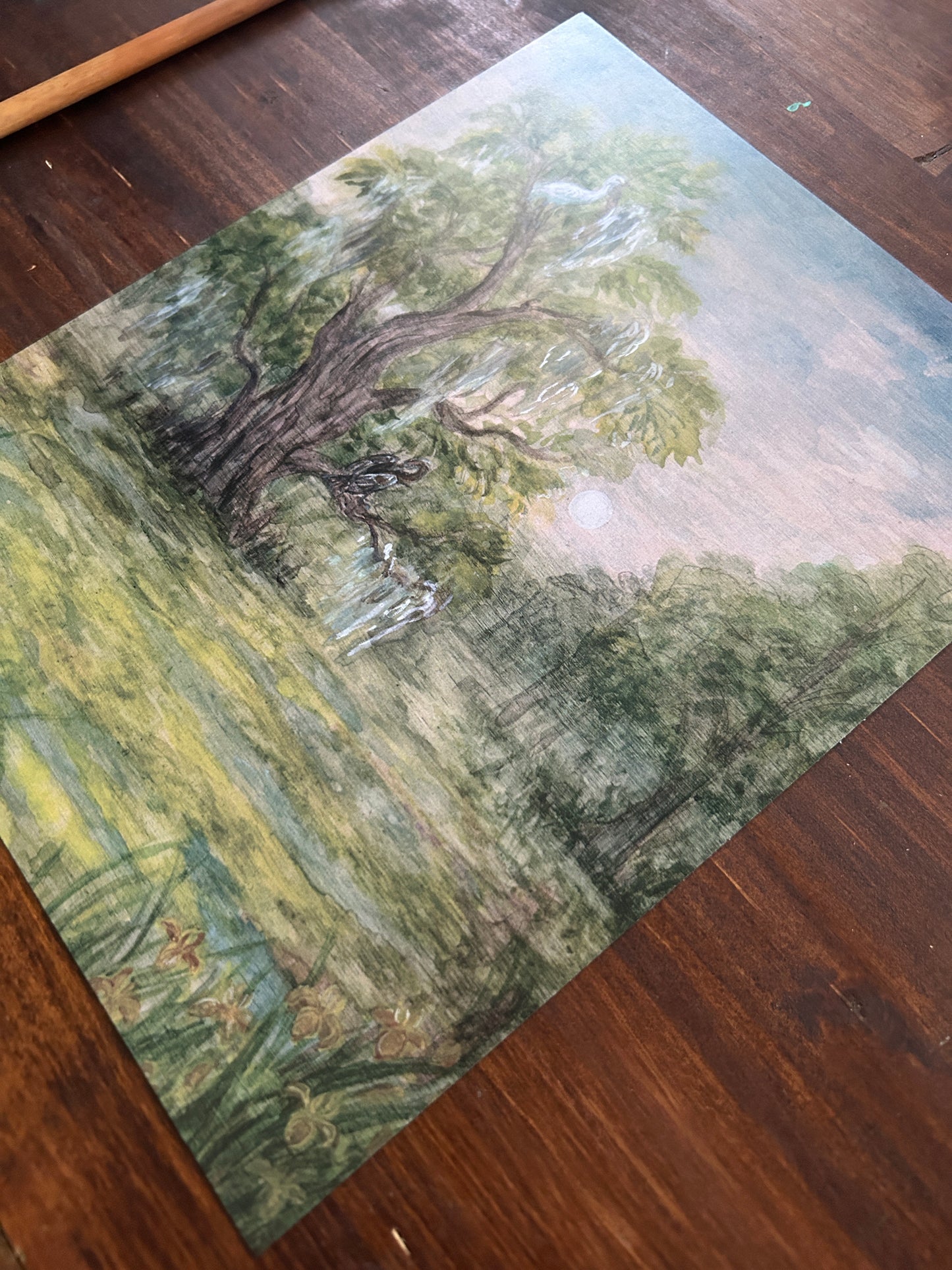Summer in the swamp- art print of birds, cypress trees, and swamp iris