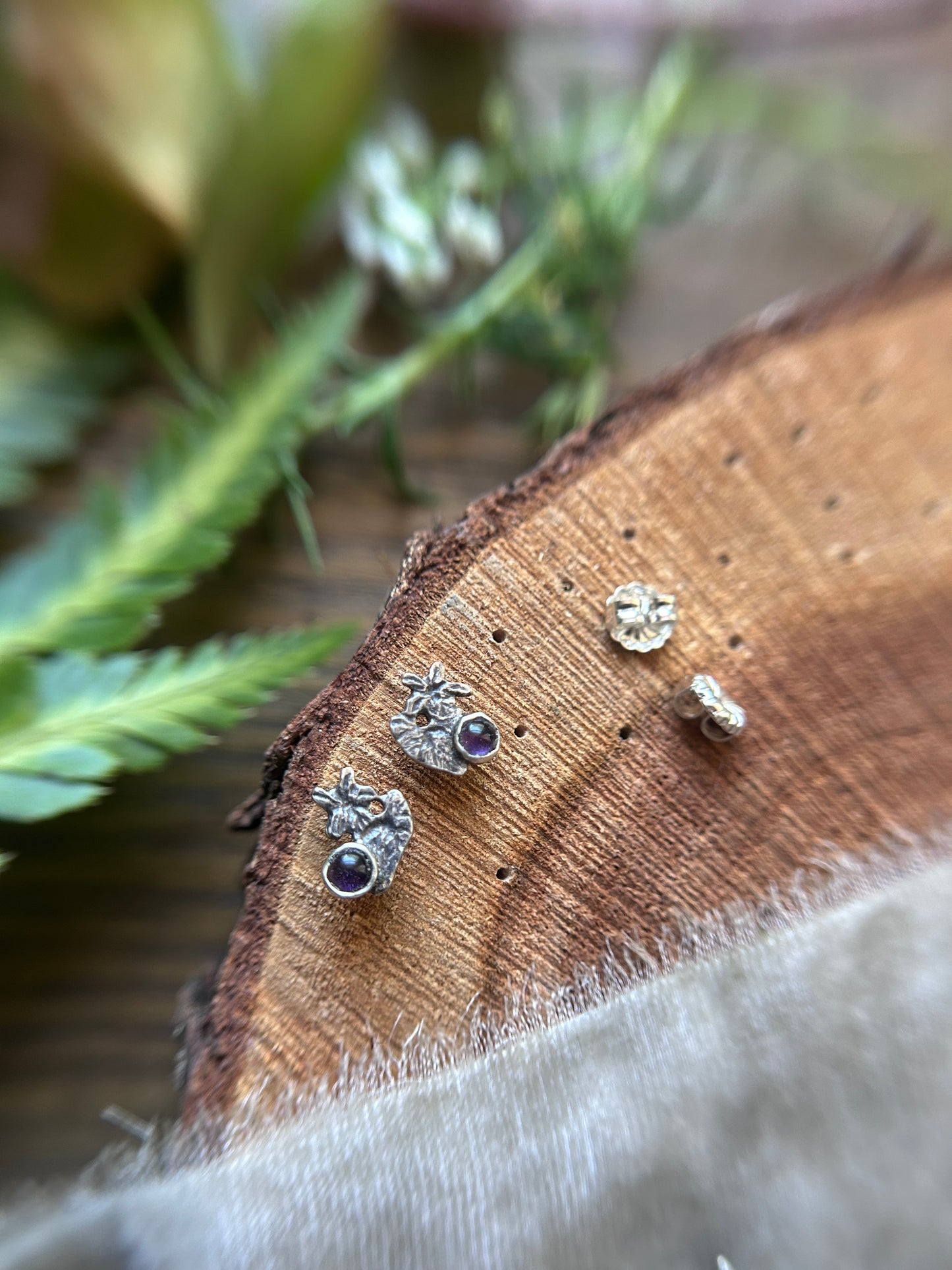 Wild violet post earrings with amethyst- Sterling silver jewelry
