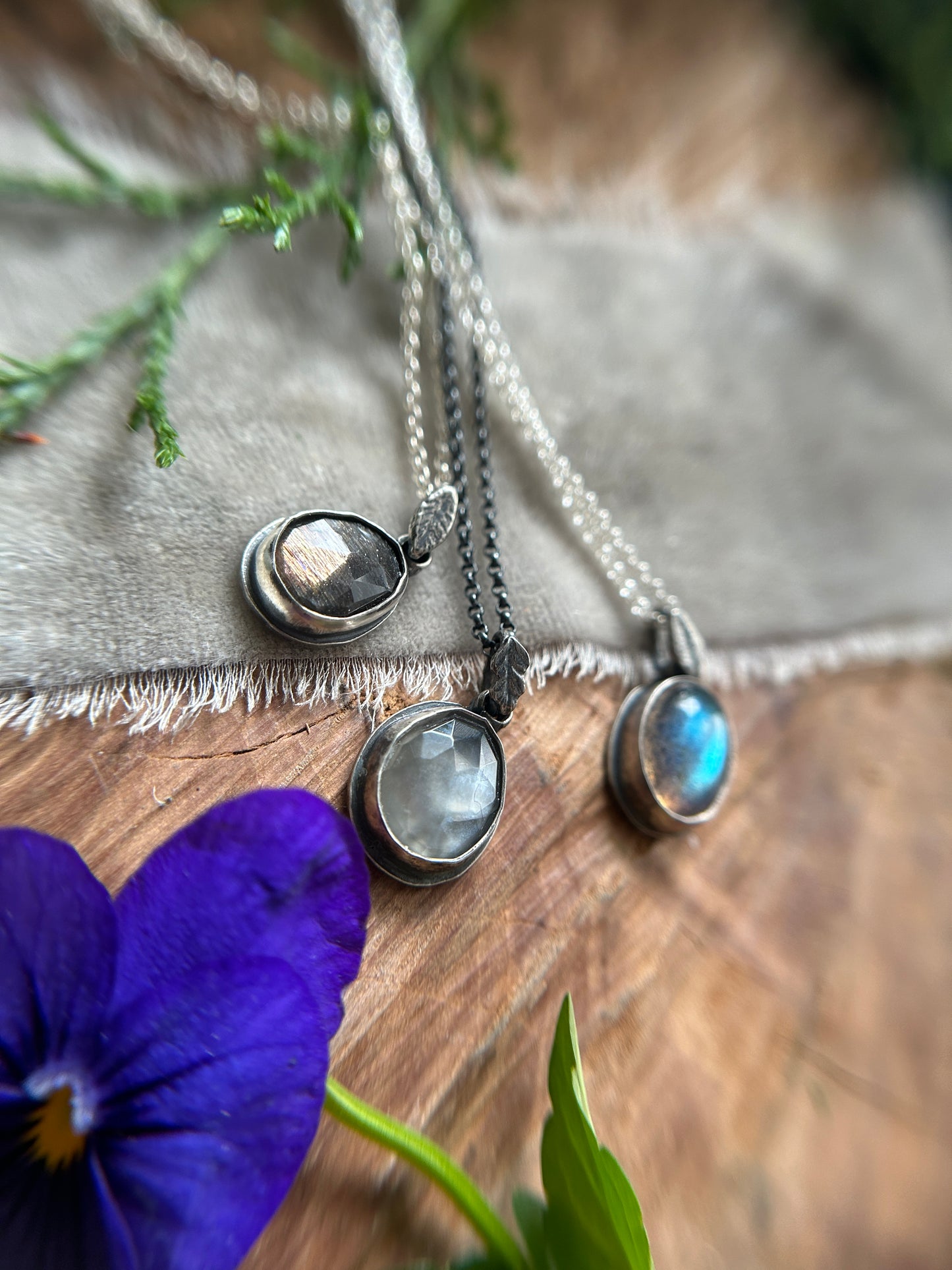 Simple Leaf Gemstone Necklace- choice of black moonstone, grey moonstone, or labradorite