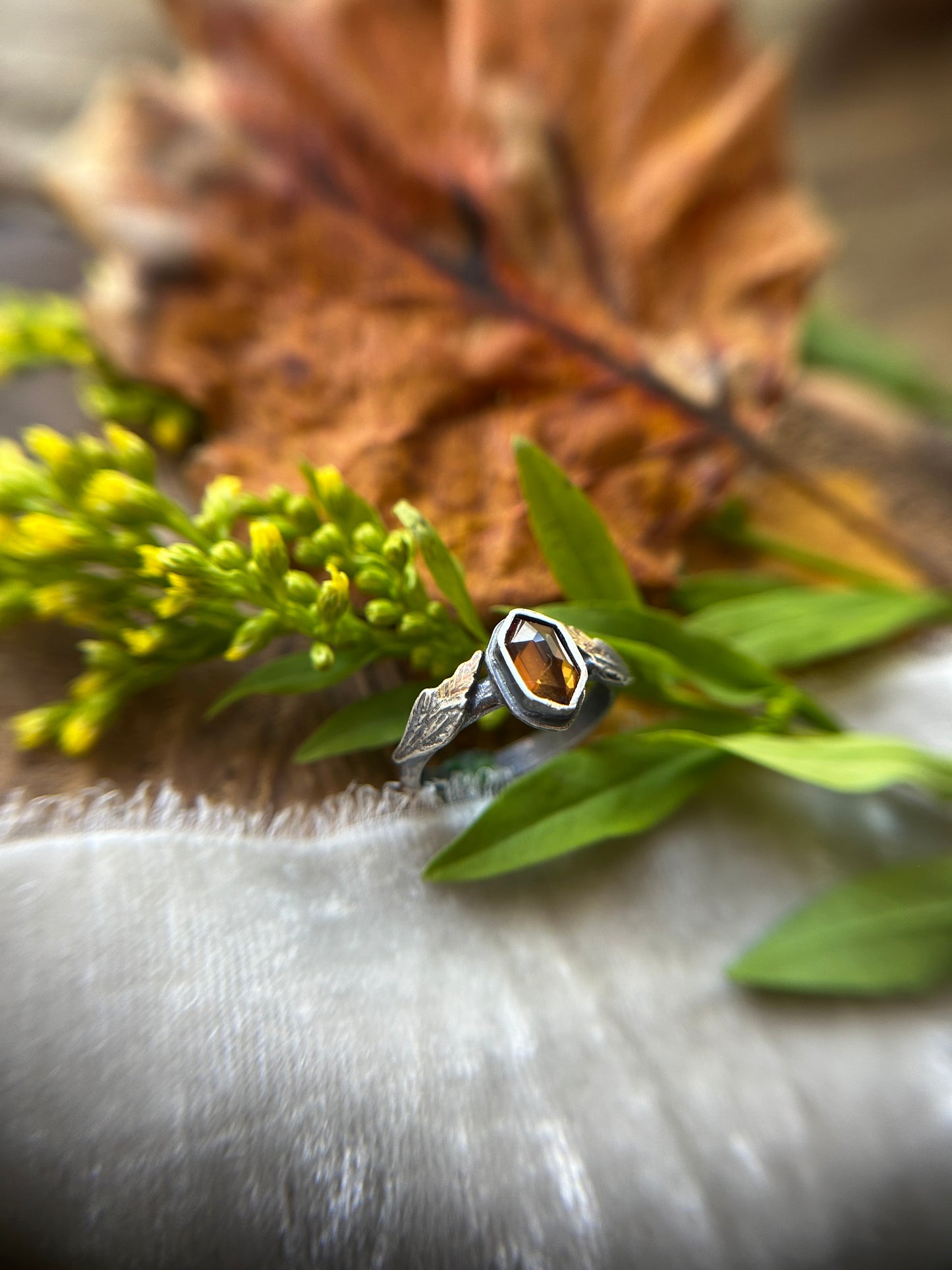 Goldenrod ring- hexagon zircon ring with sterling silver and brass jewelry