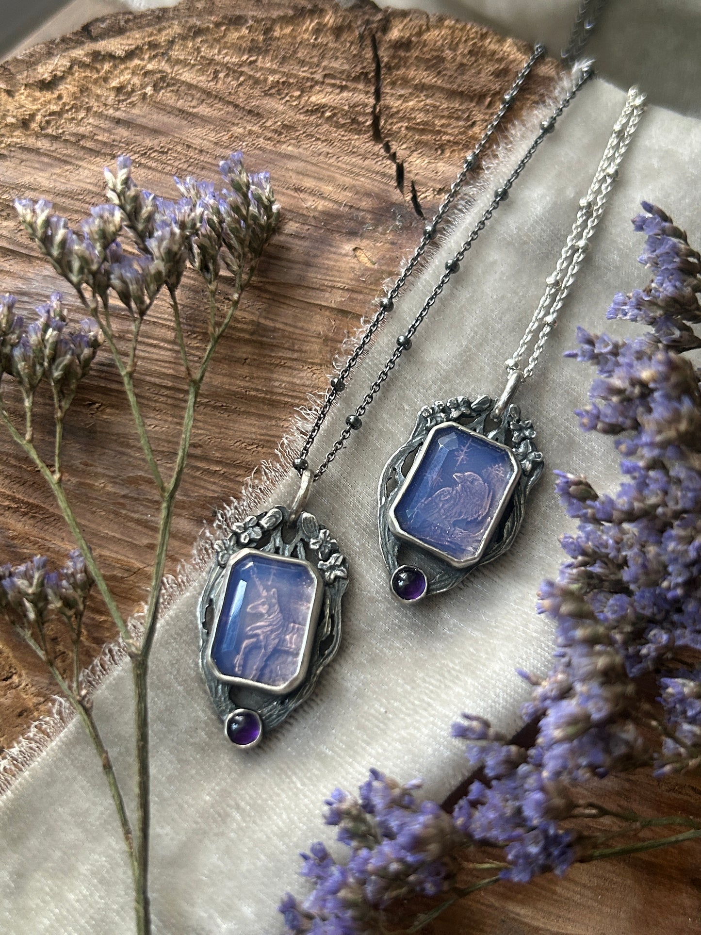 The Lilac Wood Unicorn (or other animal) under lavender quartz and amethyst Necklace- sterling silver jewelry