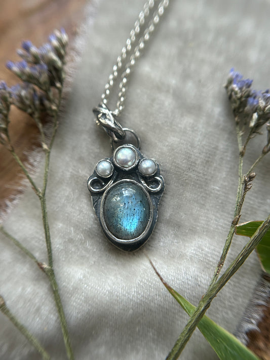 Ocean Labradorite Crowned Heart Necklace- sterling silver jewelry