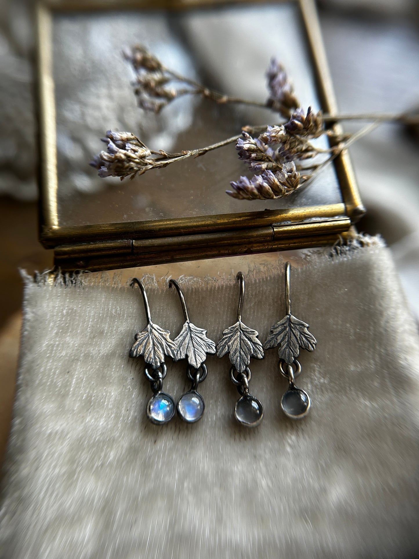 Woodland Leaf Earrings- sterling silver, brass, copper options with gem charm- jewelry