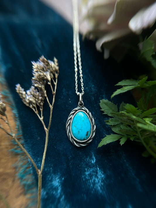 Blue Turquoise with hidden bluebird Necklace- sterling silver jewelry