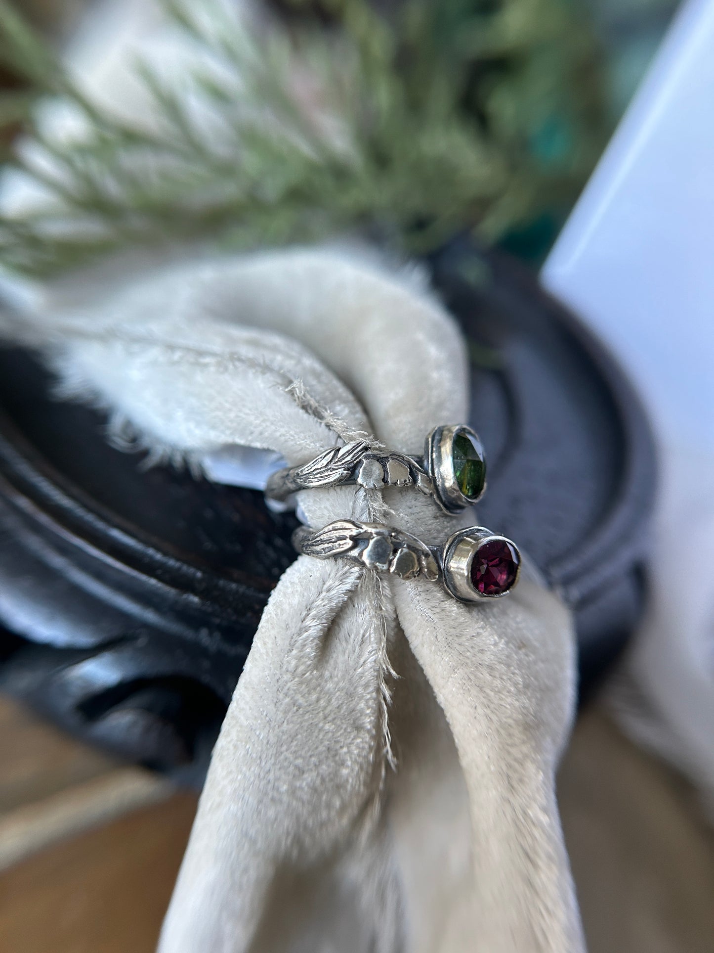 Ready to ship Lily of the valley ring- choice of green tourmaline or rhodolite garnet- sterling silver