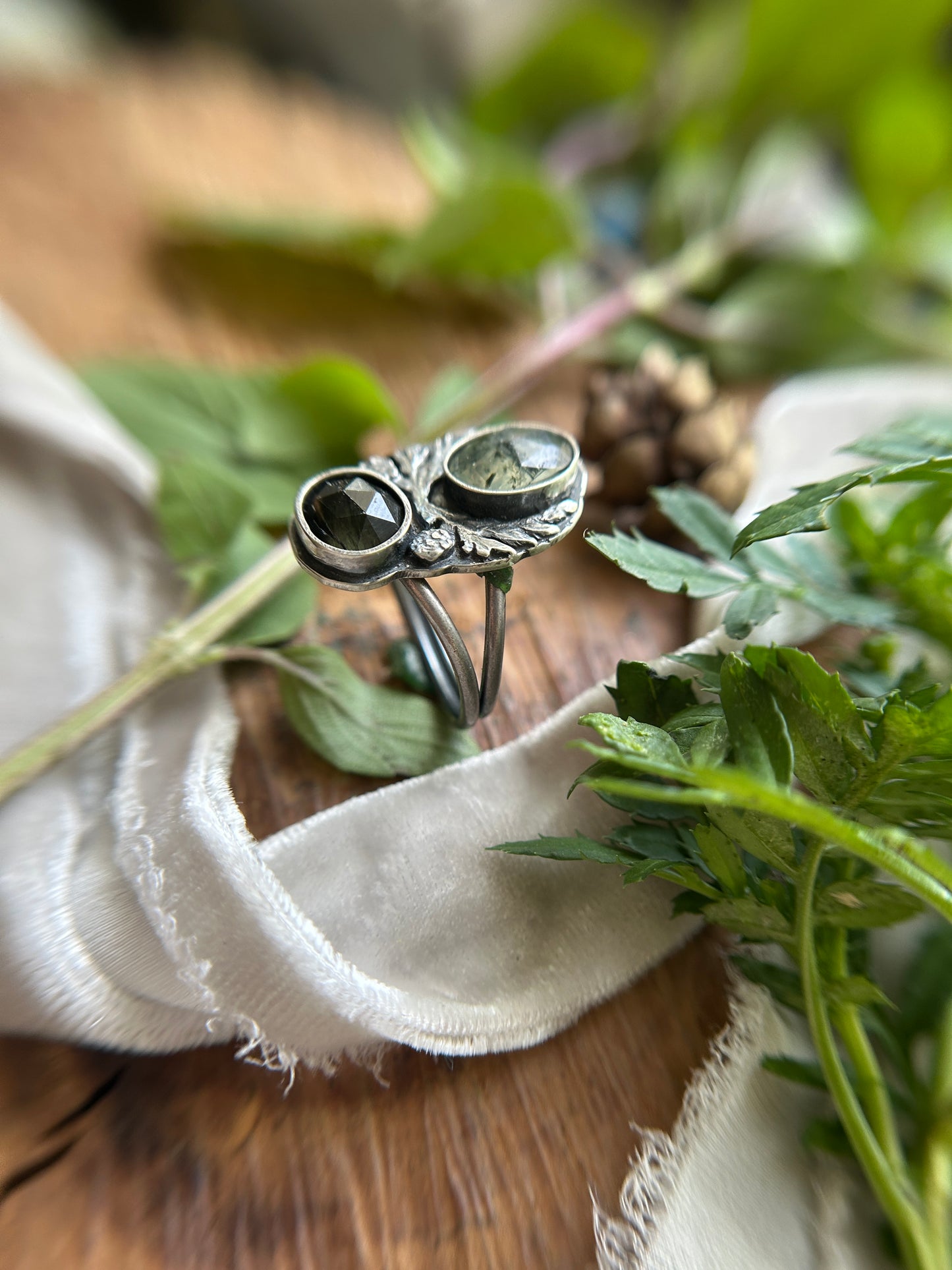 Eastern Hemlock Branches with Prehnite and Peridot ludwigite Ring- sterling silver jewelry