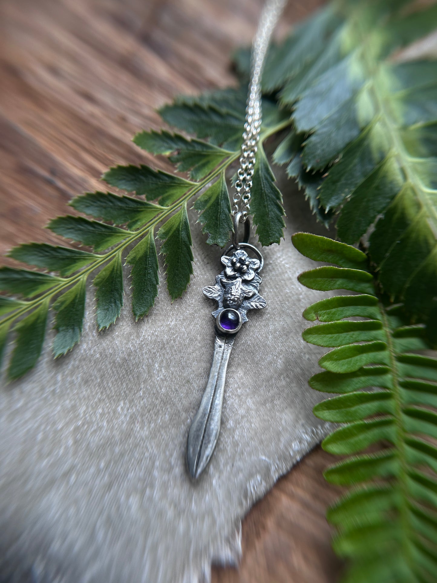 Blackberry bramble sword necklace with amethyst- Sterling silver jewelry