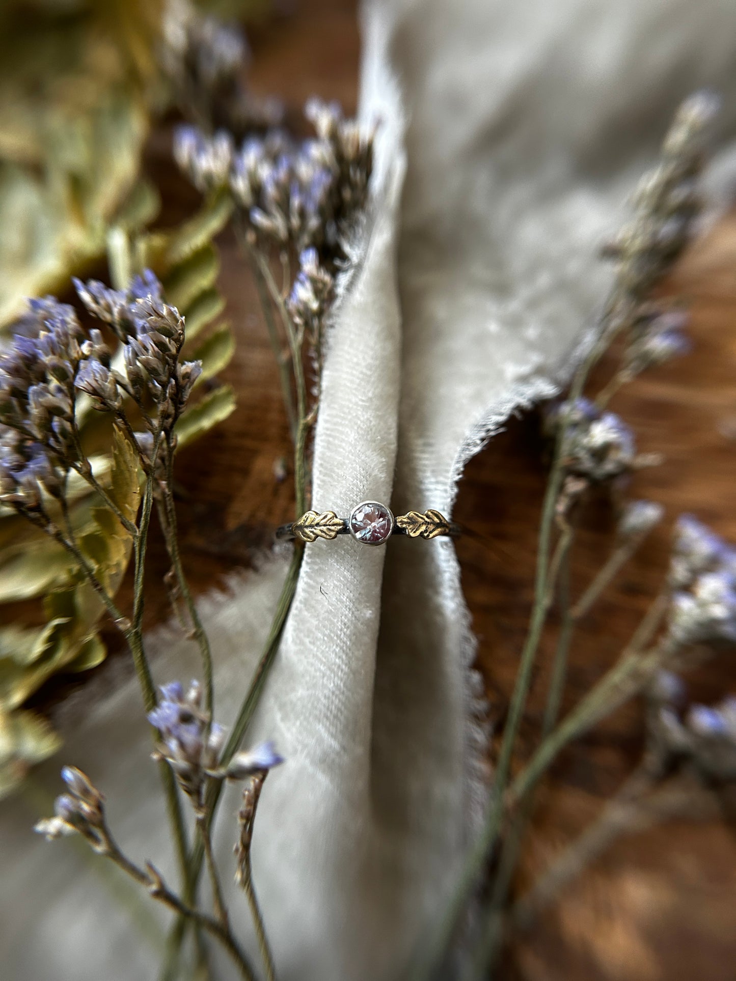 Woodland leaf stackable ring- choice of gemstone, leaves, and ring size sterling silver with choice of brass or copper made to order jewelry