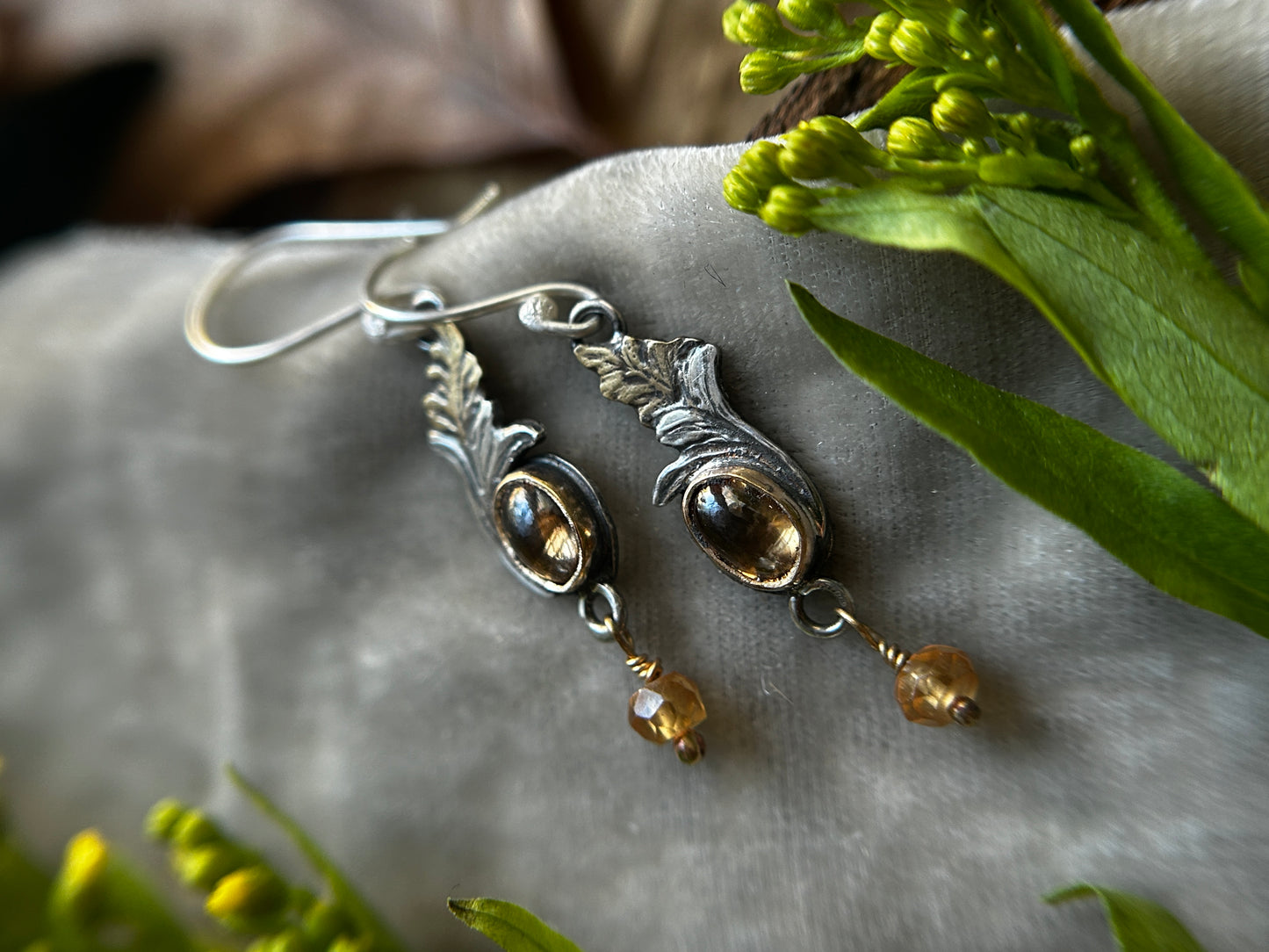 Goldenrod Earrings with Imperial Topaz and Hessonite Garnet- Brass and sterling silver jewelry