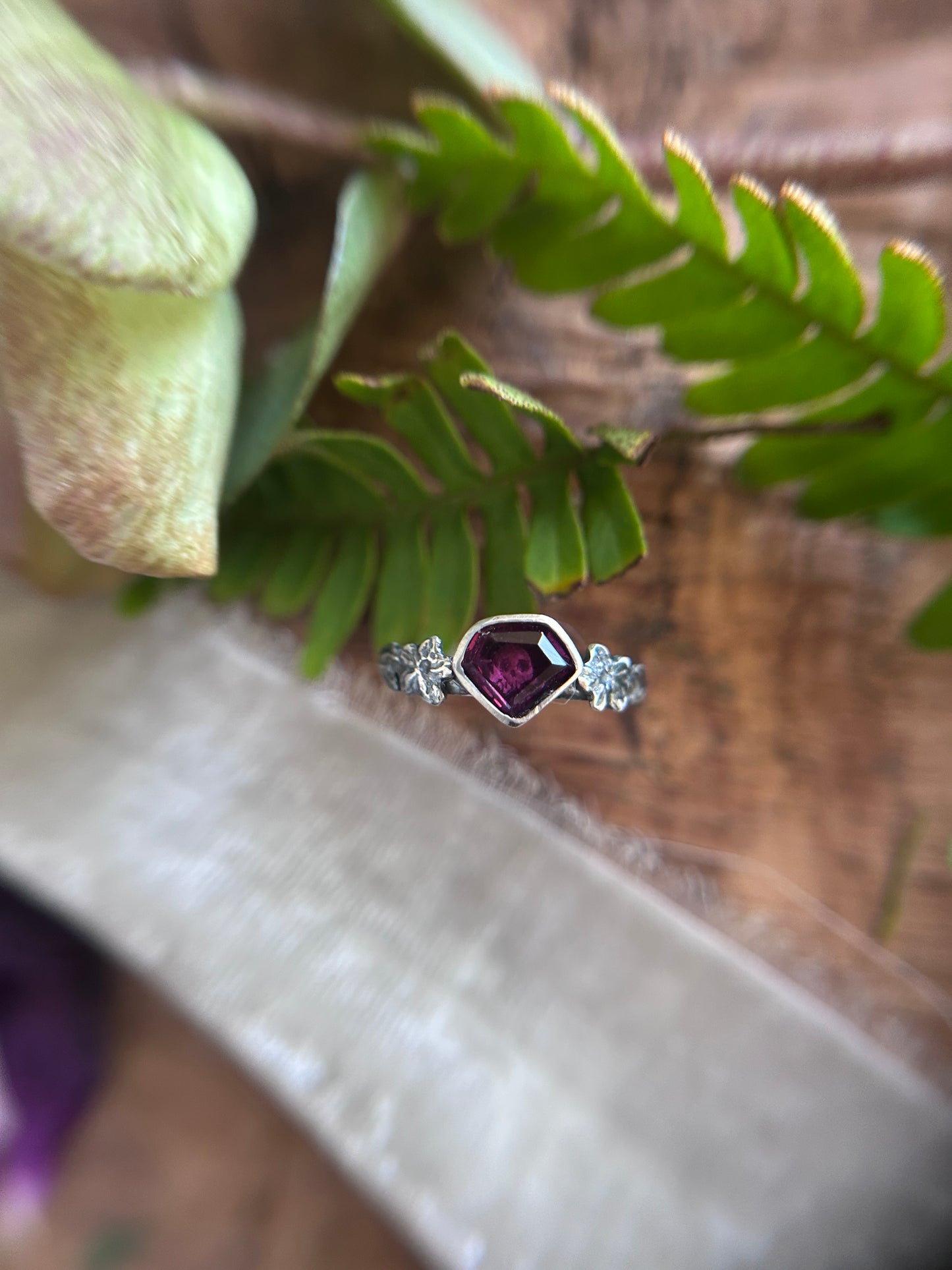 Azalea flowers and skull ring with portrait cut shield shaped rhodolite garnet- Sterling silver jewelry