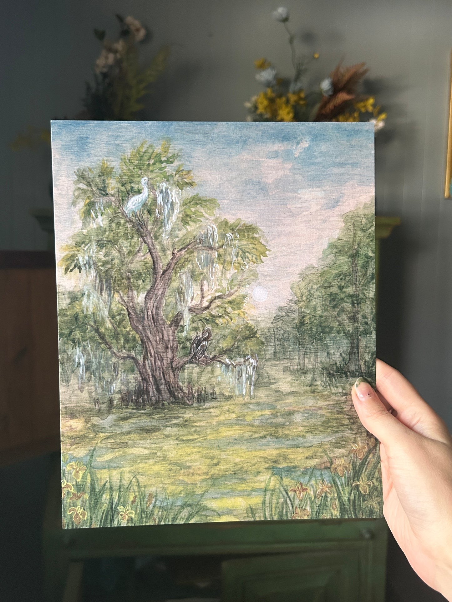 Summer in the swamp- art print of birds, cypress trees, and swamp iris