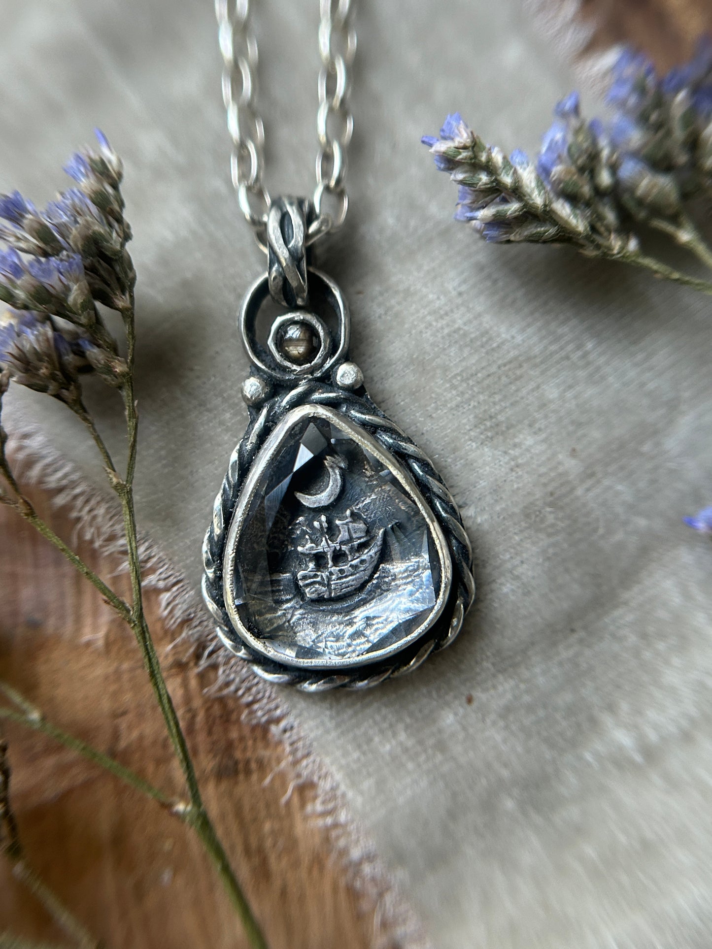 Moonlit Voyage Sailing Ship under Portrait Cut Quartz with a black star sapphire- sterling silver jewelry mourning