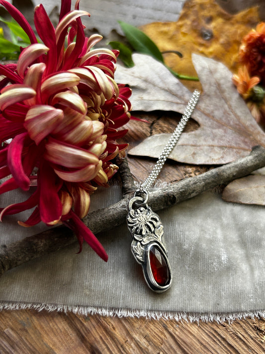 Red Chrysanthemum Flower Garnet Necklace- sterling silver jewelry