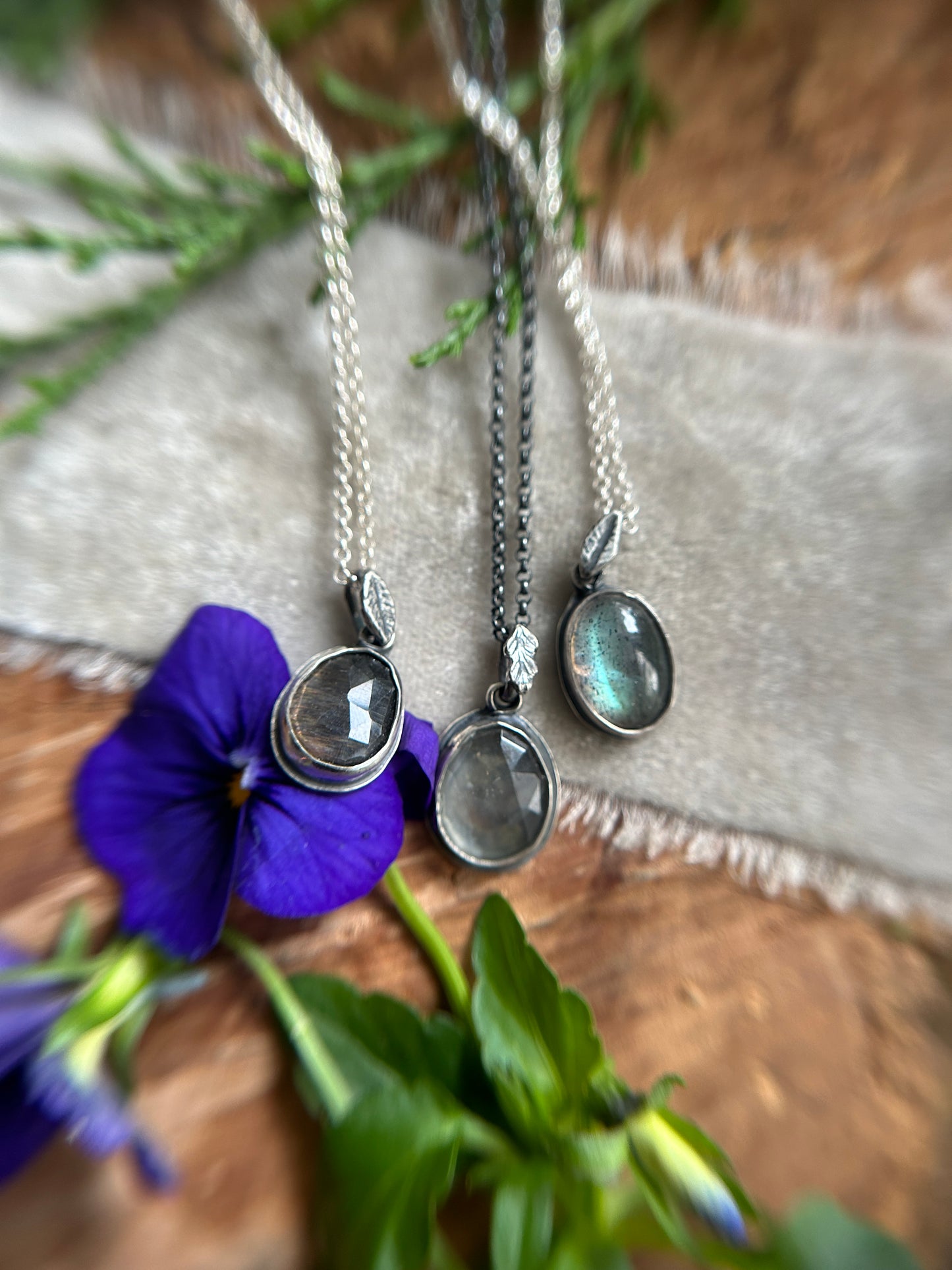 Simple Leaf Gemstone Necklace- choice of black moonstone, grey moonstone, or labradorite