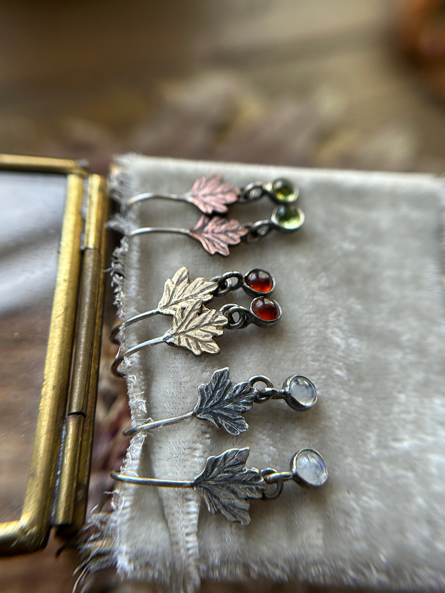 Woodland Leaf Earrings- sterling silver, brass, copper options with gem charm- jewelry