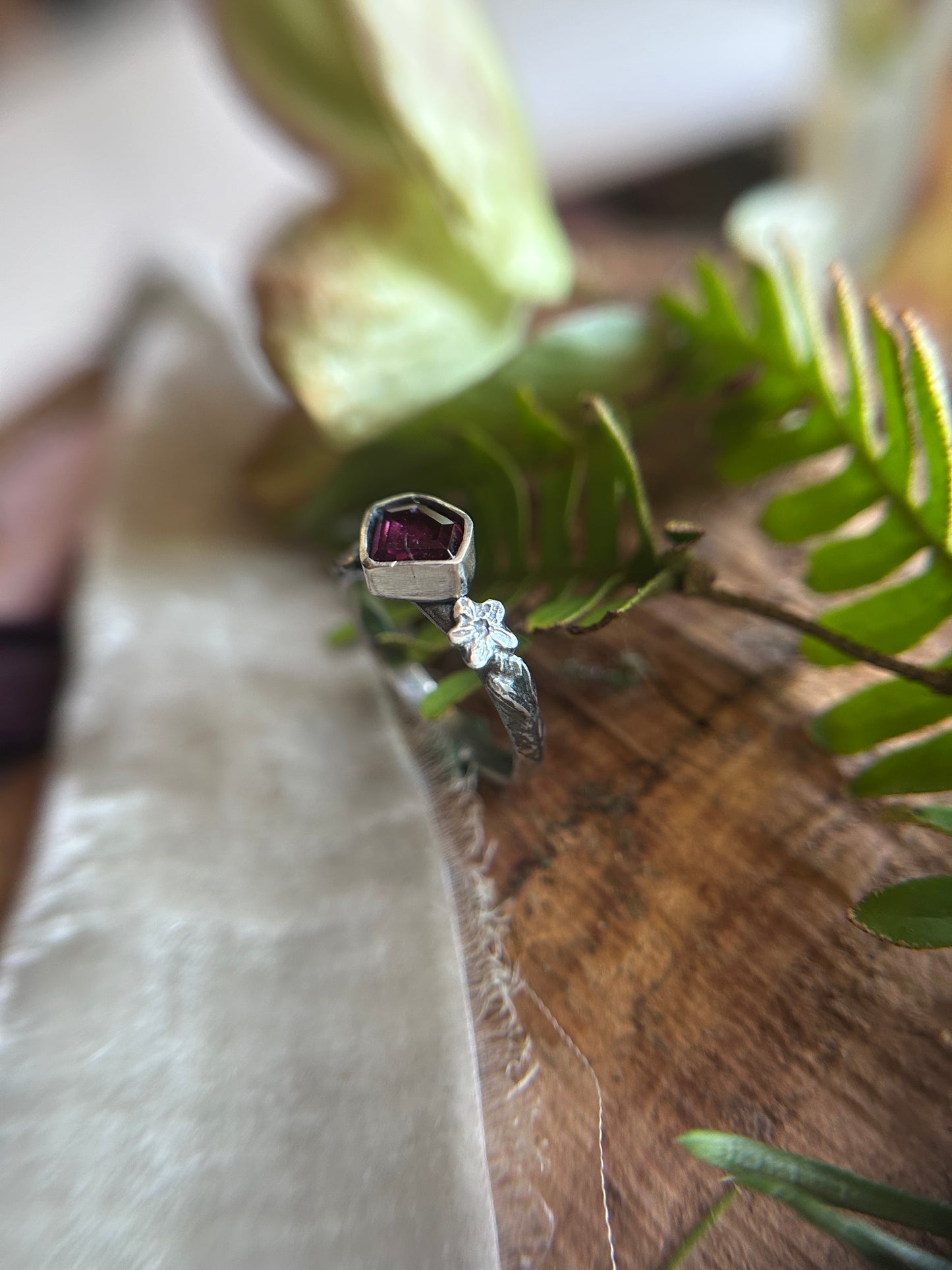 Azalea flowers and skull ring with portrait cut shield shaped rhodolite garnet- Sterling silver jewelry