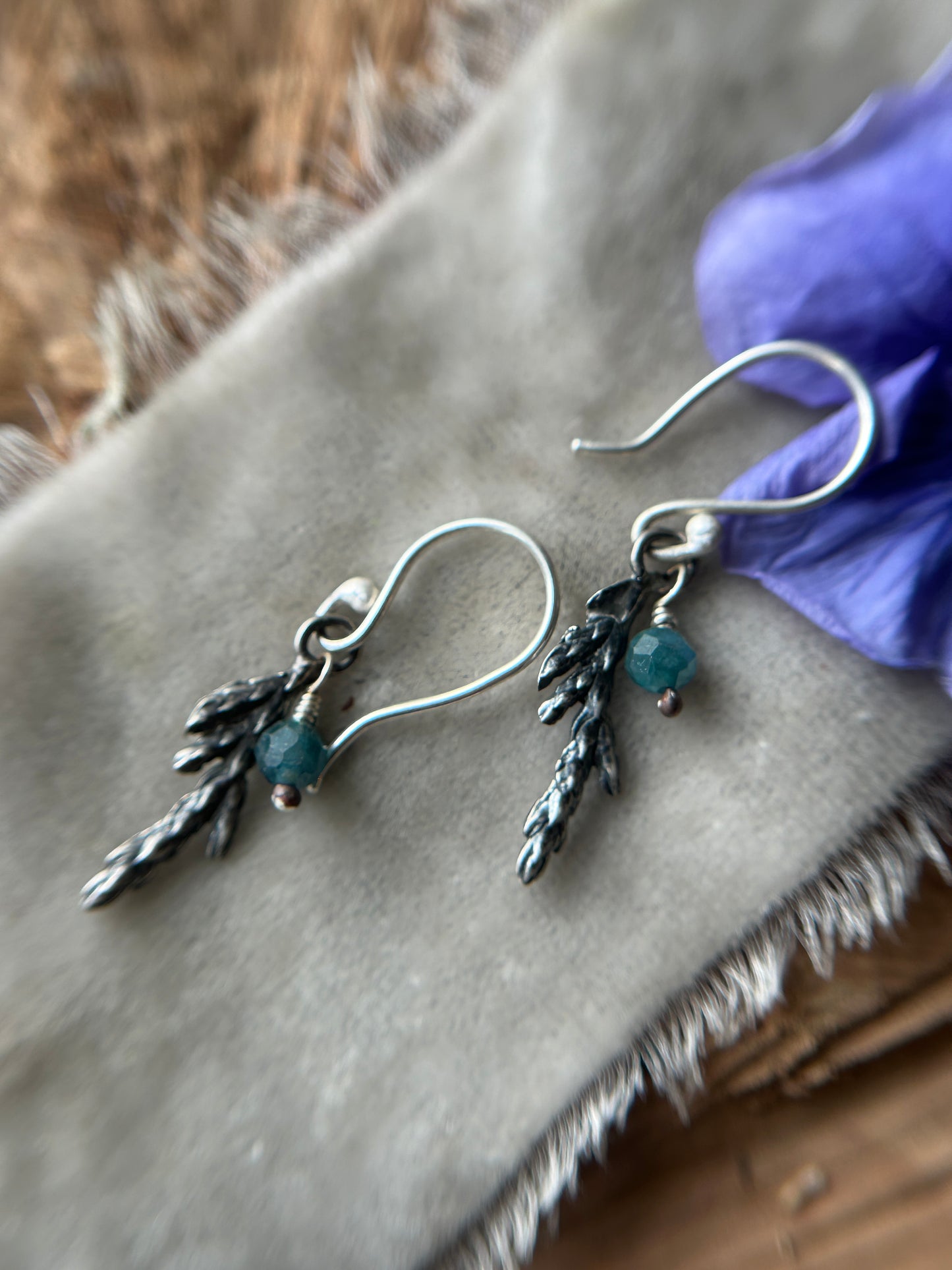 Juniper Sprig Earrings with Gem Charm- sterling silver jewelry