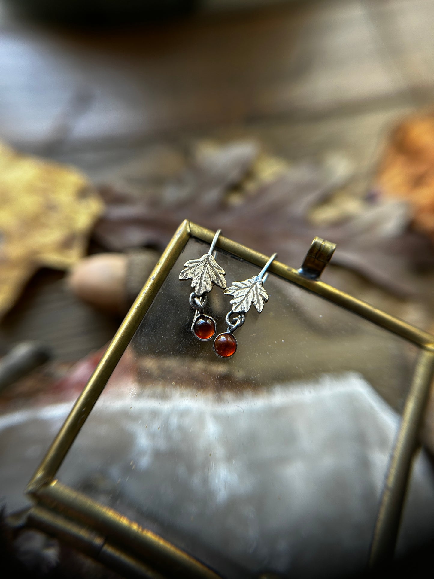 Woodland Leaf Earrings- sterling silver, brass, copper options with gem charm- jewelry