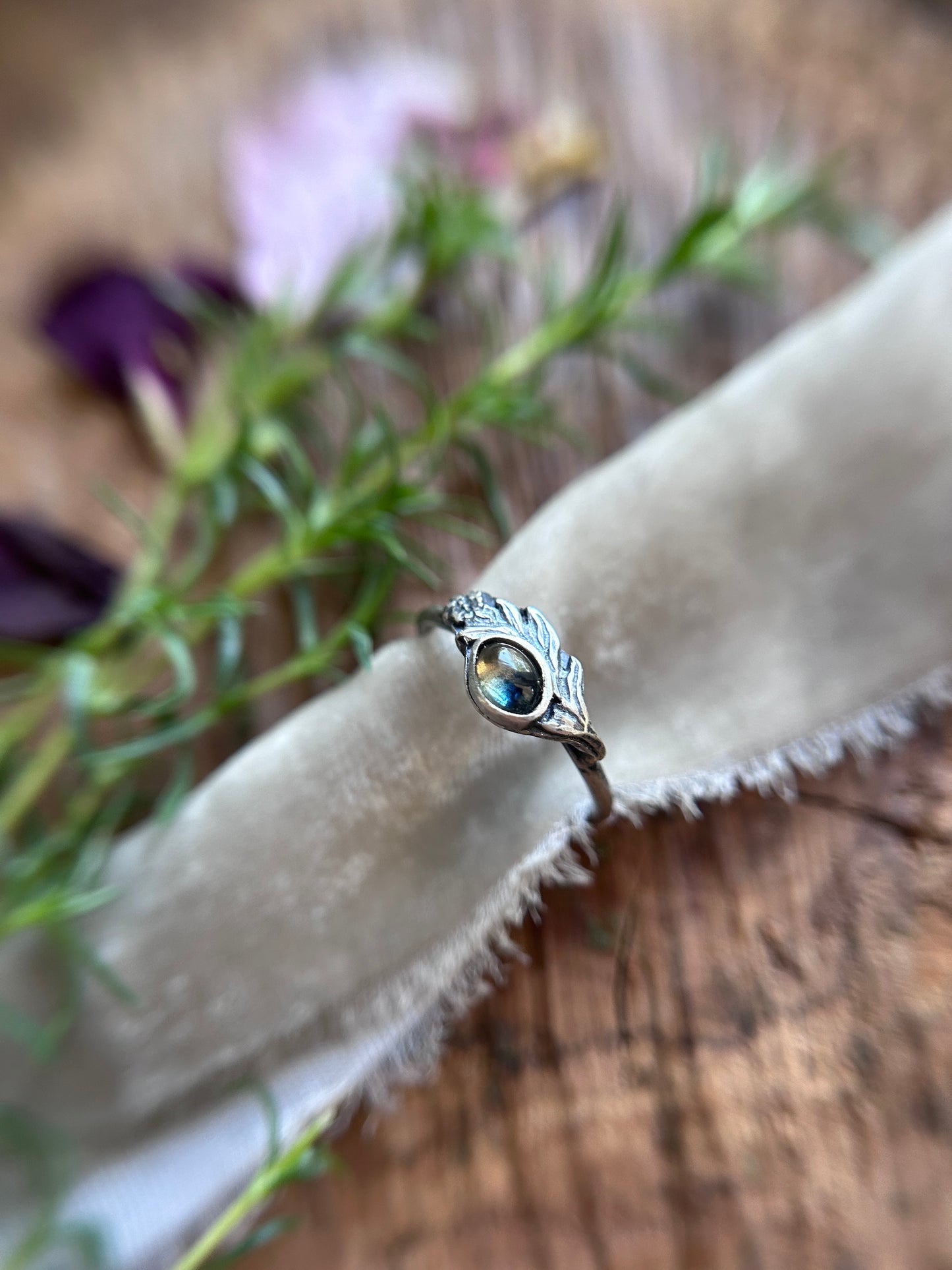 Meadowsweet sprig with songea sapphire ring- Sterling silver jewelry