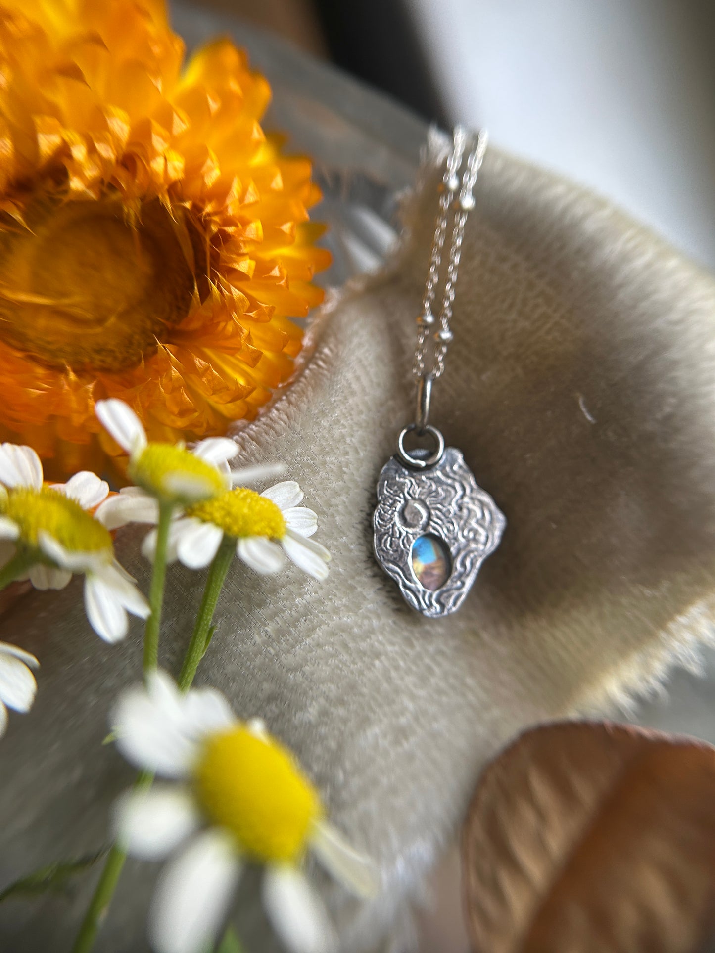 Rainbow moonstone elderflower necklace- brass and sterling silver jewelry