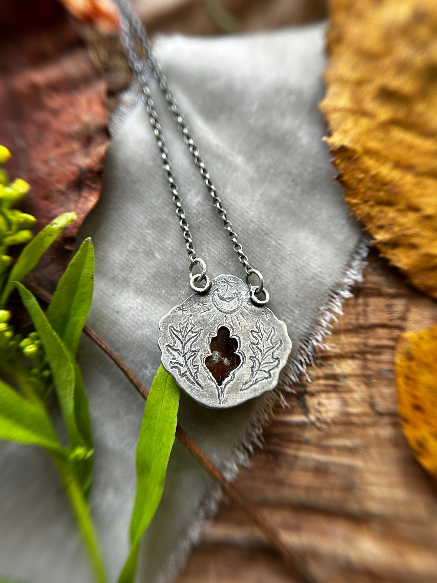 Oak Moon with Hessonite Garnet Necklace- Sterling silver and brass jewelry