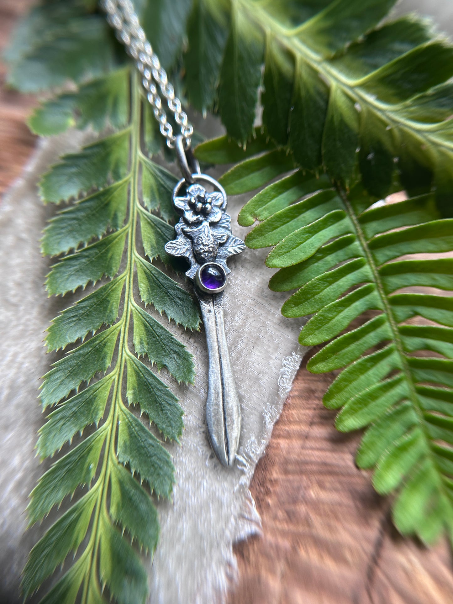 Blackberry bramble sword necklace with amethyst- Sterling silver jewelry
