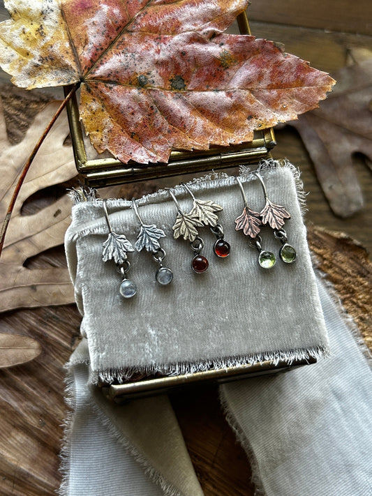 Woodland Leaf Earrings- sterling silver, brass, copper options with gem charm- jewelry