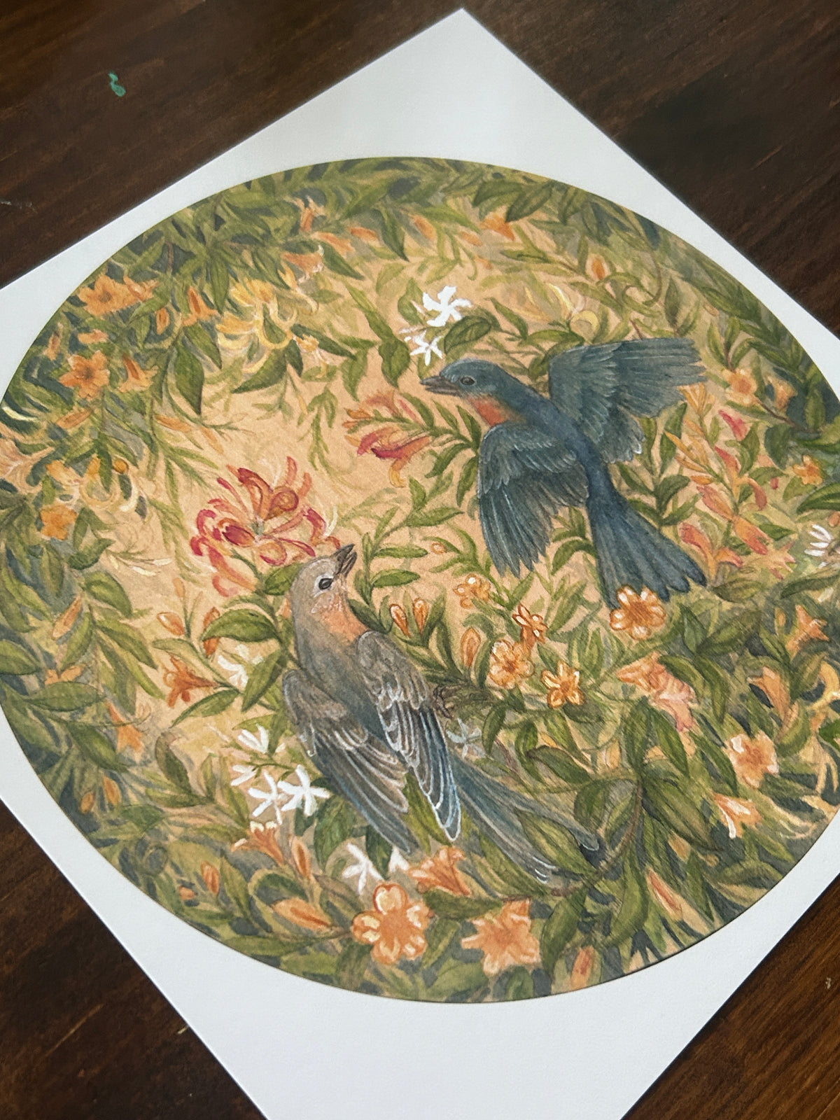 Art print bluebirds in Spring garden watercolor painting botanical jasmine and carolina jessamine