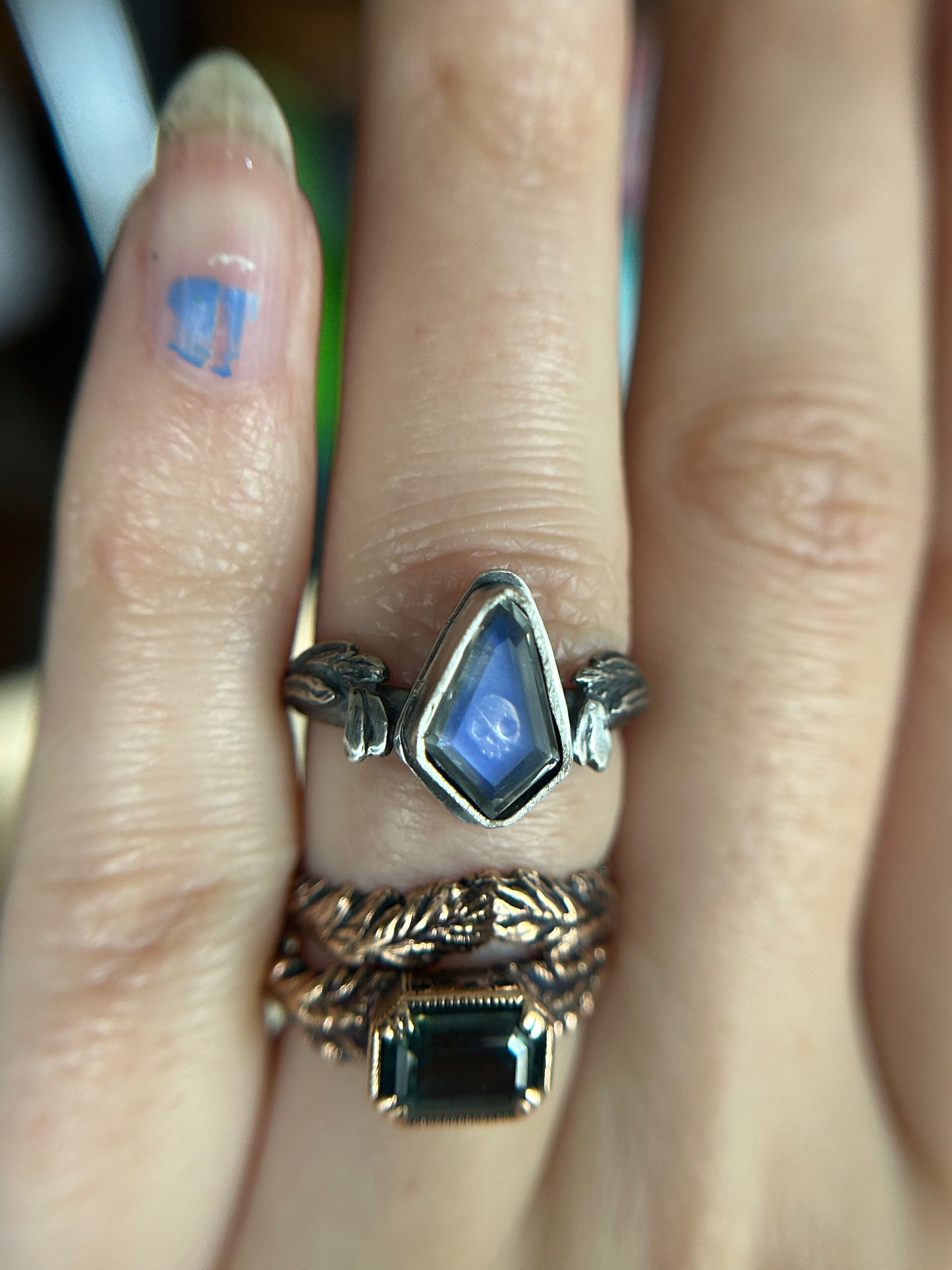 Snowdrop Skull with Portrait Cut Rainbow Moonstone -sterling silver ring finshed to ring size