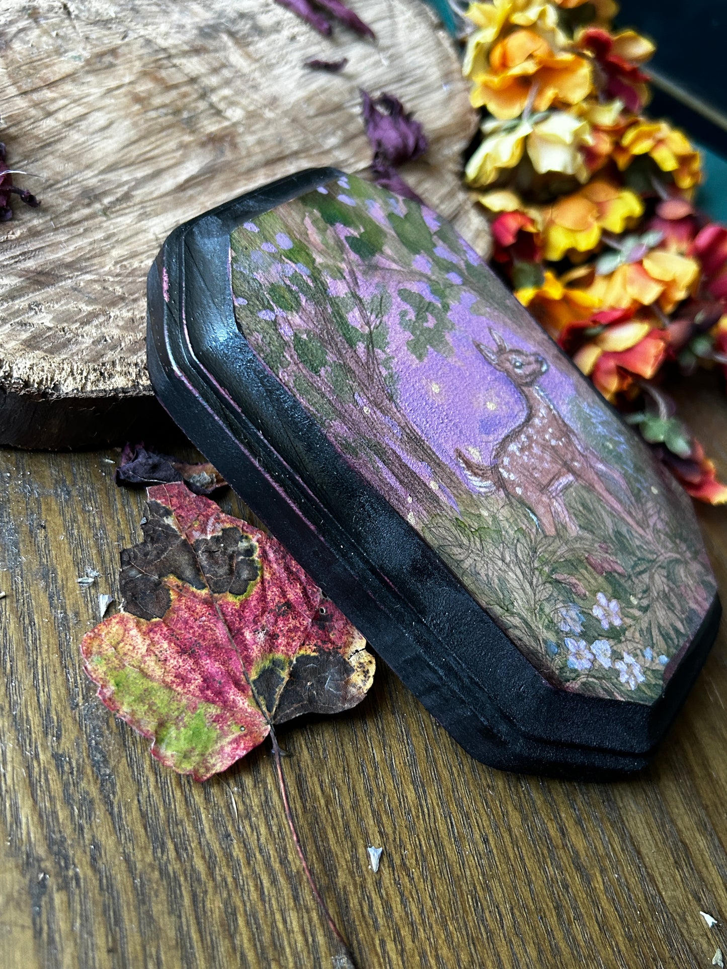 Original miniature watercolor painting on wood- ready to display art- deer fawn, barred owls, crows, autumn forest, goldenrod, blackberry bramble