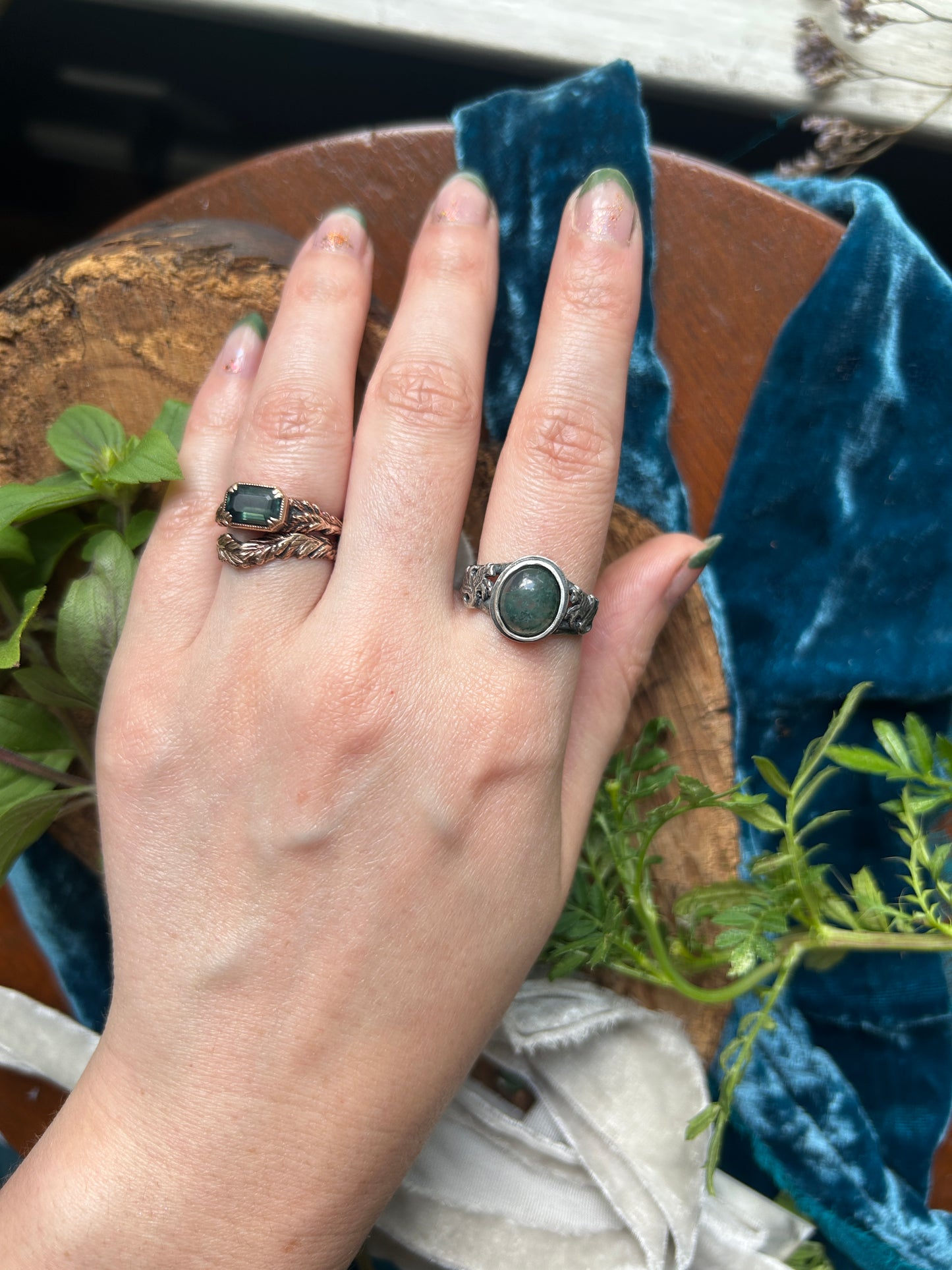 Kelpie Ring with Moss Agate- sterling silver jewelry