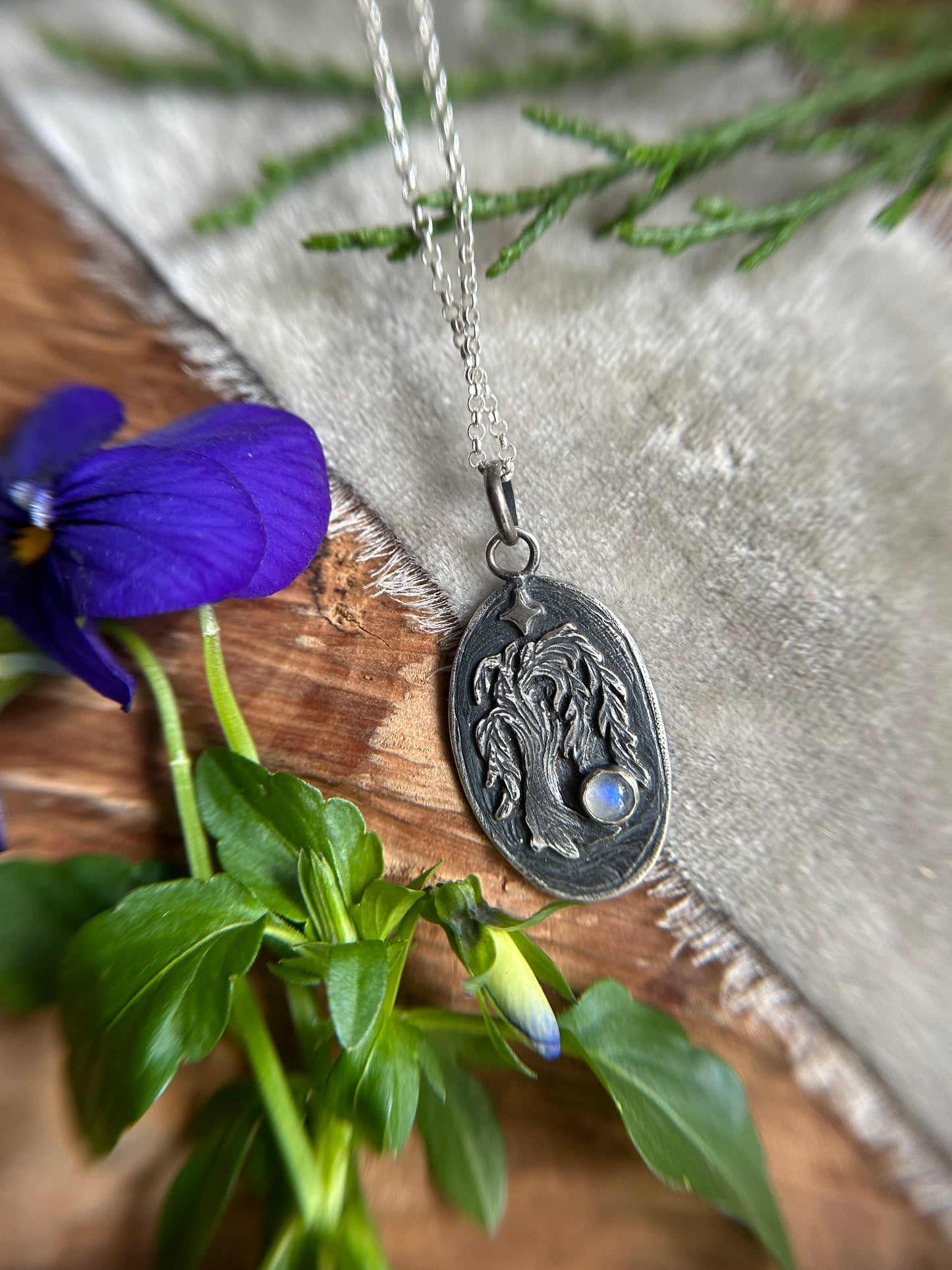 Moonlit Willow Pendant with rainbow moonstone and luna moth back detail