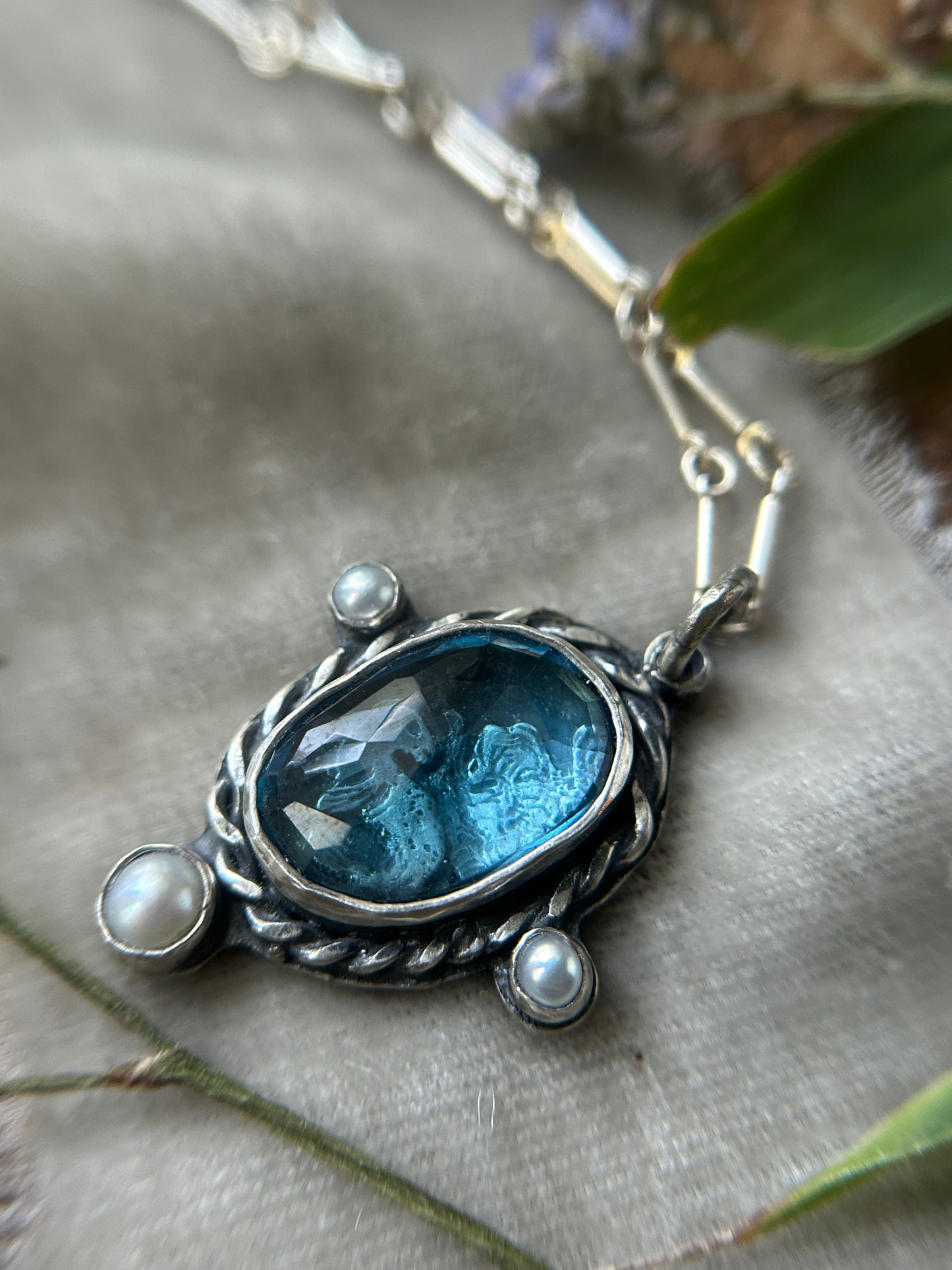 Seaside Selkie under London Blue topaz Necklace- sterling silver jewelry pearl accents