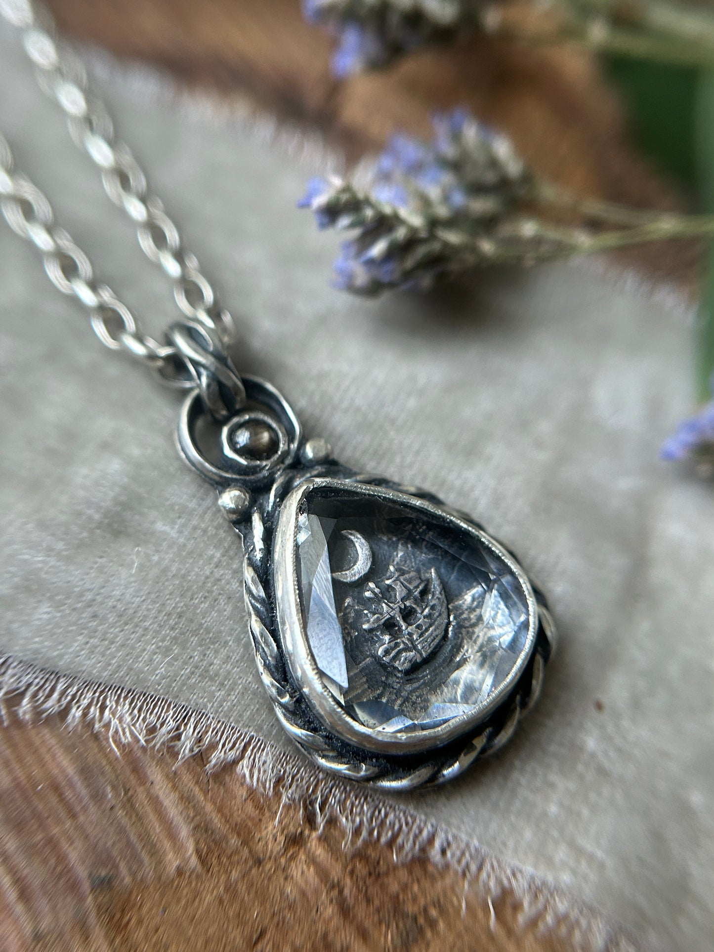Moonlit Voyage Sailing Ship under Portrait Cut Quartz with a black star sapphire- sterling silver jewelry mourning