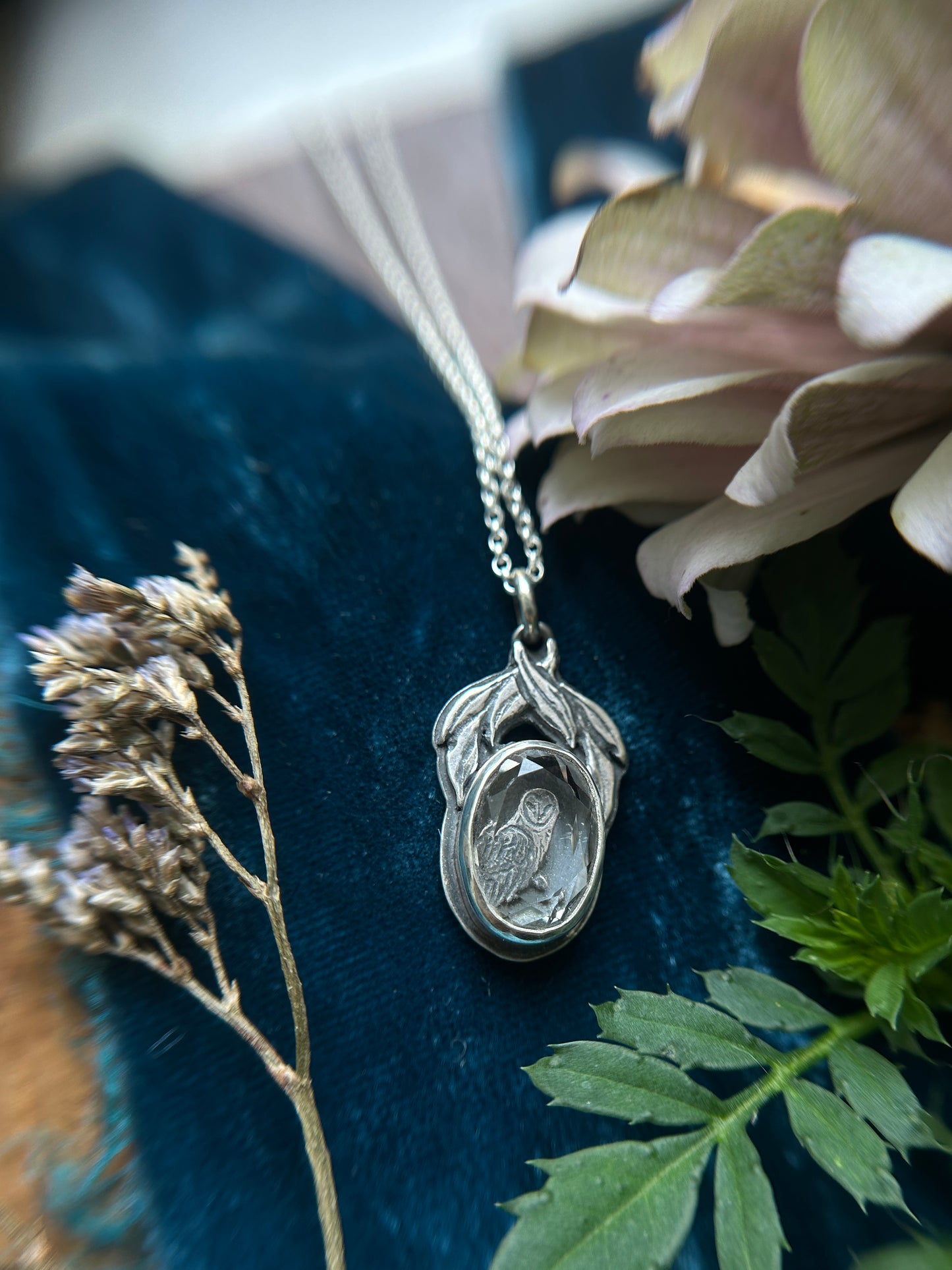 Barn Owl with Willow Tree under portrait cut quartz Necklace- sterling silver jewelry