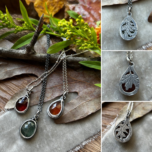 Hidden Forest Leaf Necklaces- choice of gem and leaf- sterling silver jewelry