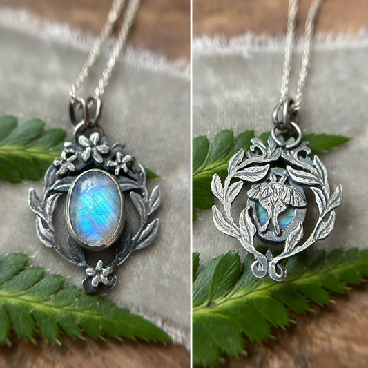 Rainbow moonstone with star jasmine and Luna moth necklace- sterling silver jewelry