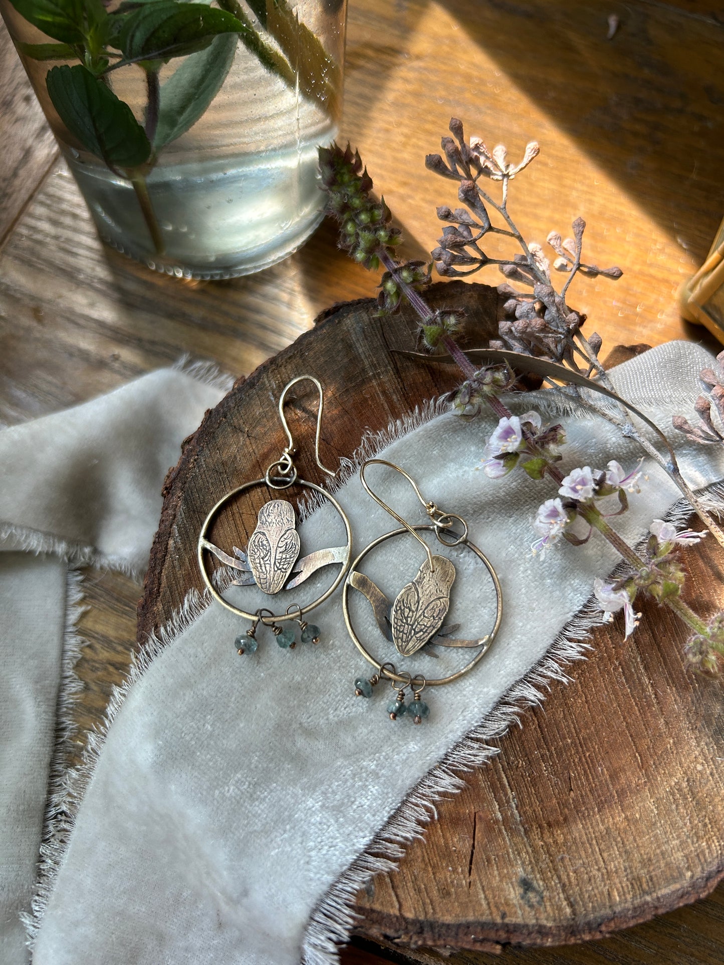 Barn owl earrings Sterling silver  or brass- choice of moss aquamarine, rainbow moonstone or labradorite