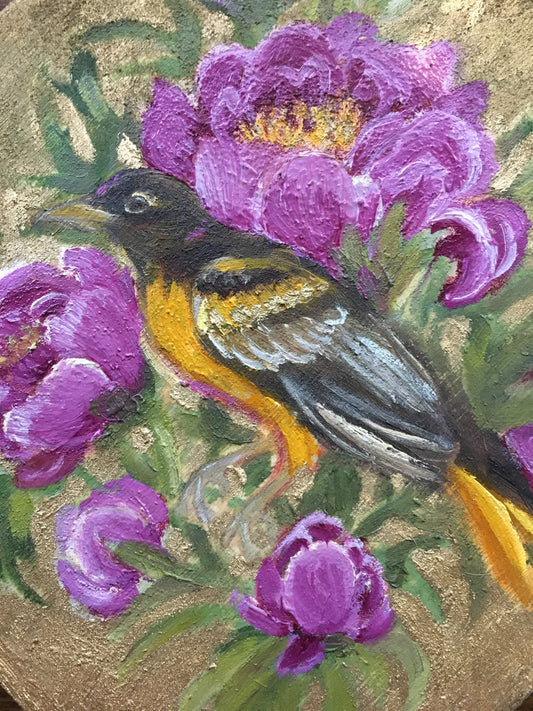 Oriole and peony flower art original oil painting gold metallic bird garden art flowers wood panel art nature floral diamond