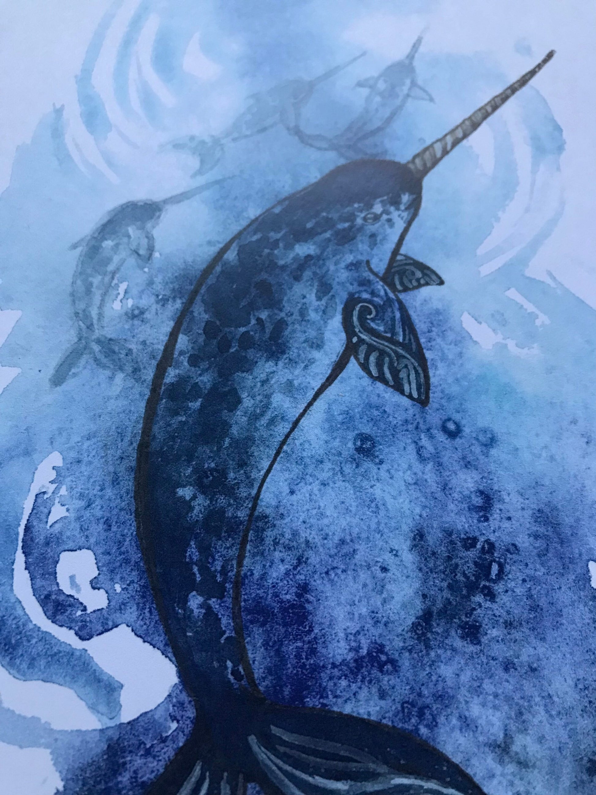 Narwhal art print painting 8 by 10 inches ocean watercolor painting illustration nature gift idea unicorn of the sea