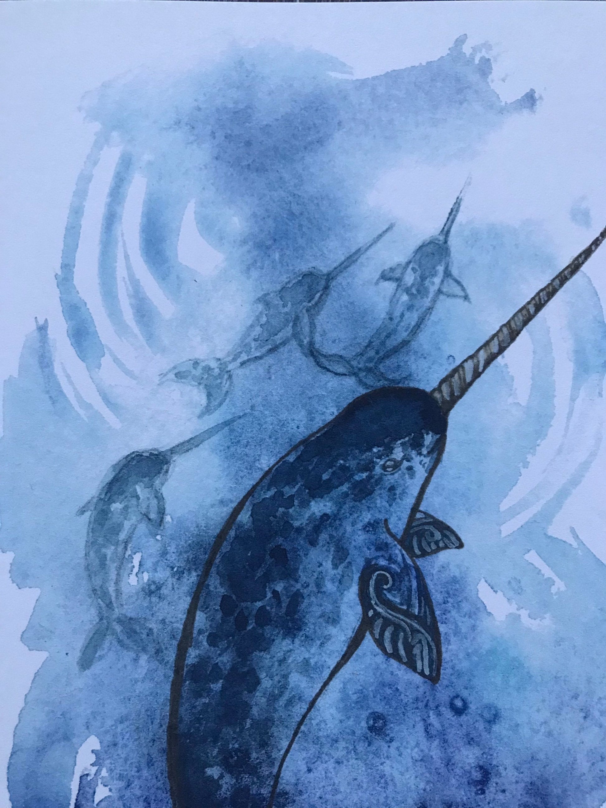 Narwhal art print painting 8 by 10 inches ocean watercolor painting illustration nature gift idea unicorn of the sea