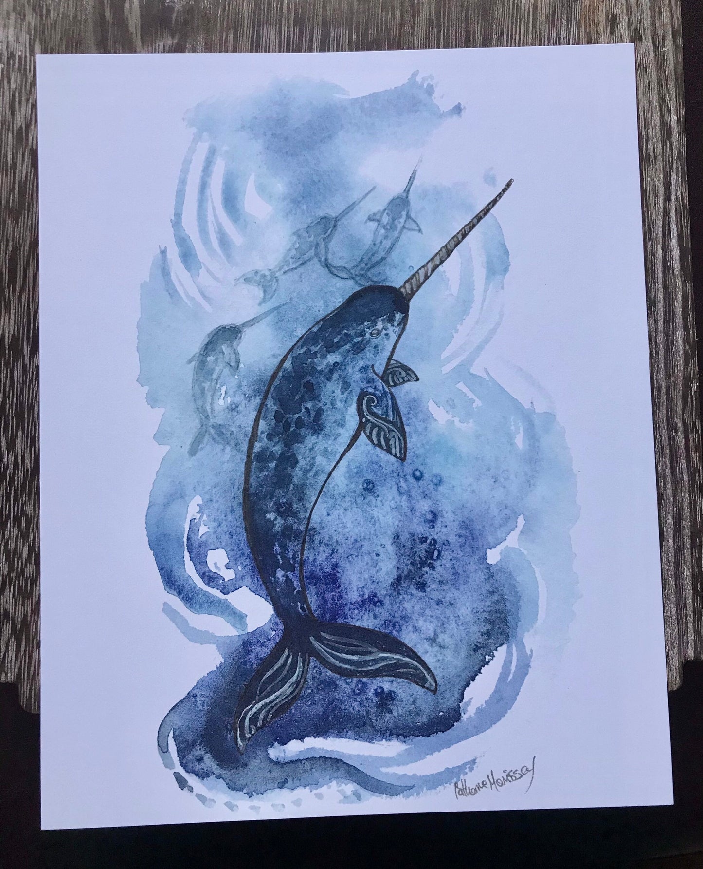 Narwhal art print painting 8 by 10 inches ocean watercolor painting illustration nature gift idea unicorn of the sea