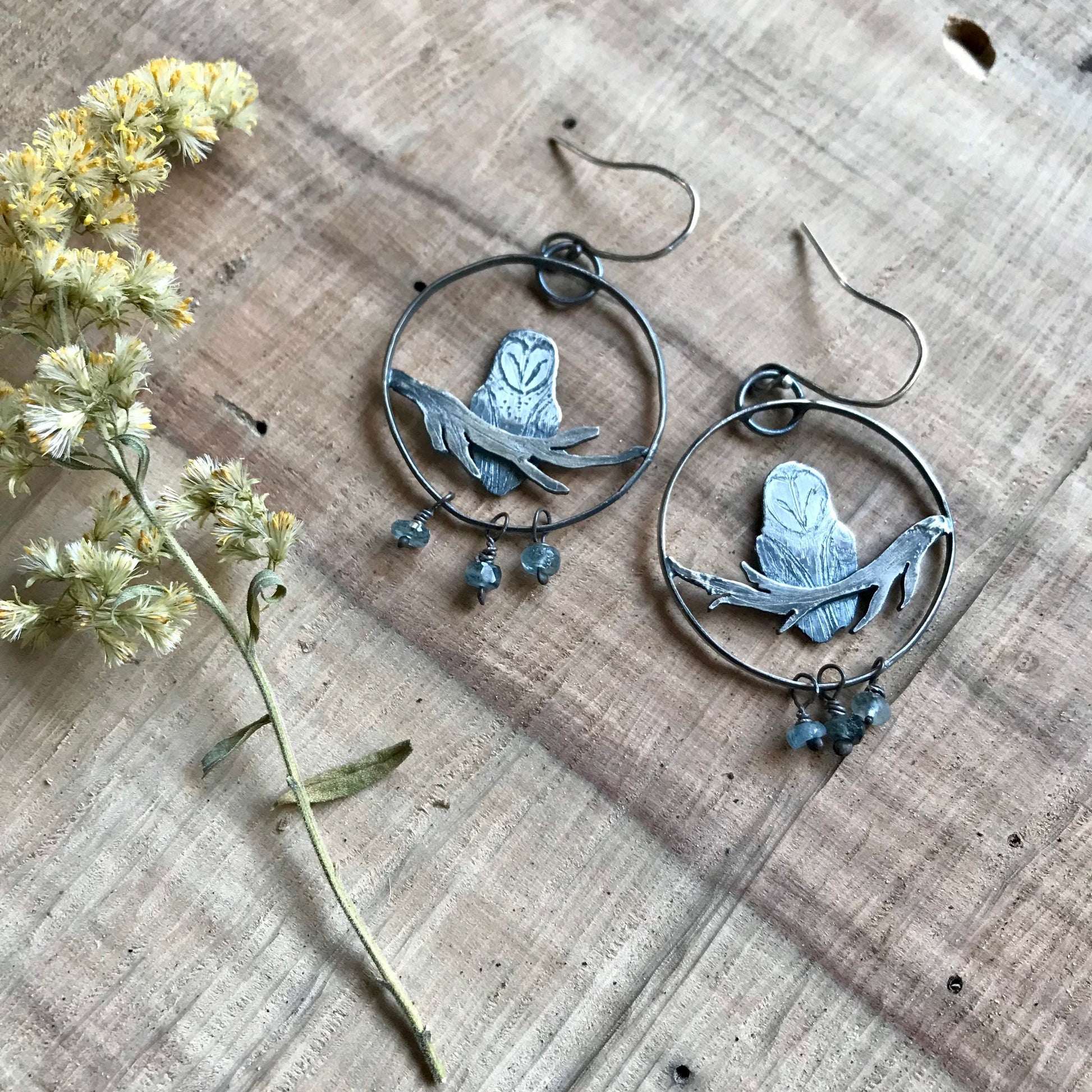 Barn owl earrings handmade sterling silver bird jewelry moss aquamarine rainbow moonstone metalsmith handmade woodland inspired