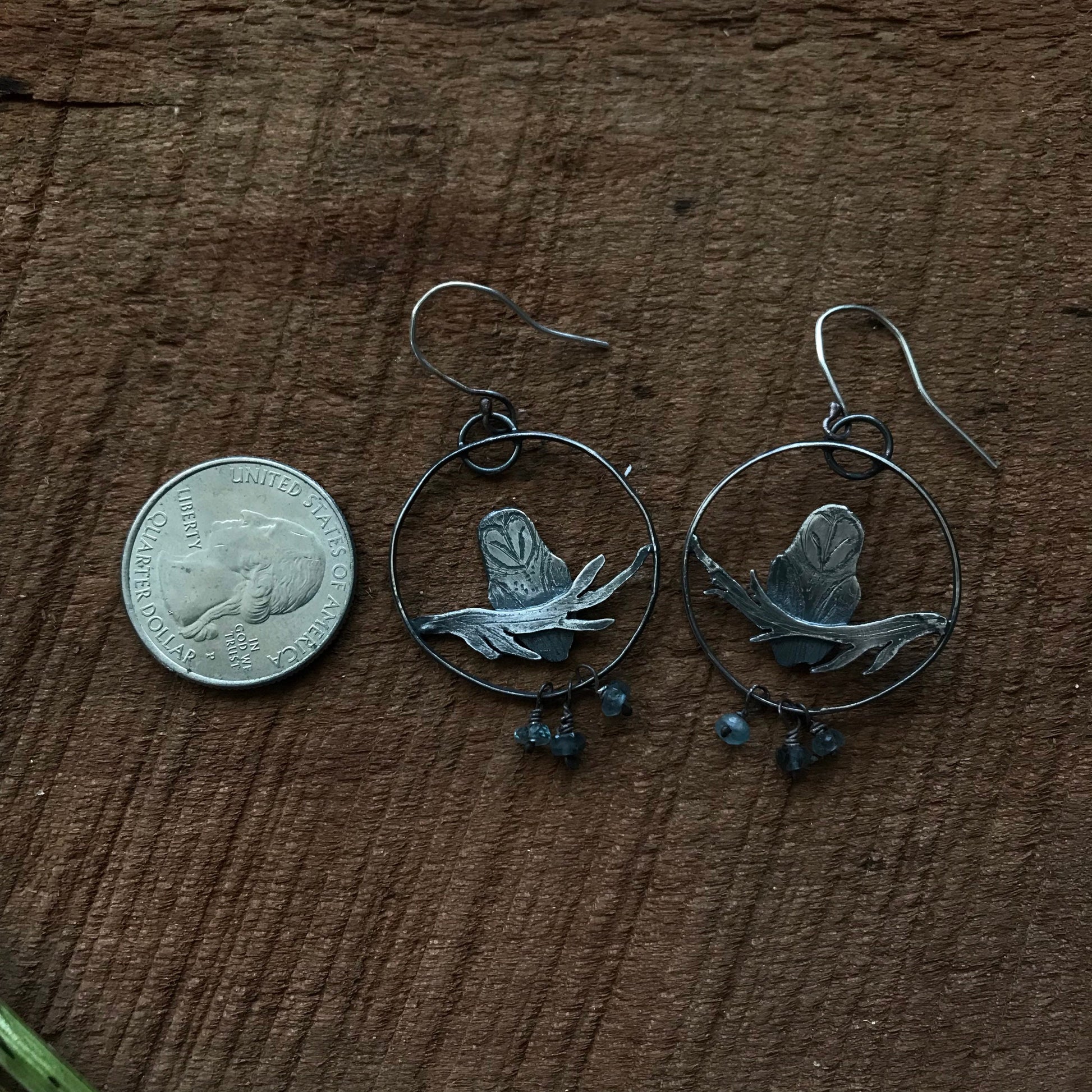 Barn owl earrings handmade sterling silver bird jewelry moss aquamarine rainbow moonstone metalsmith handmade woodland inspired